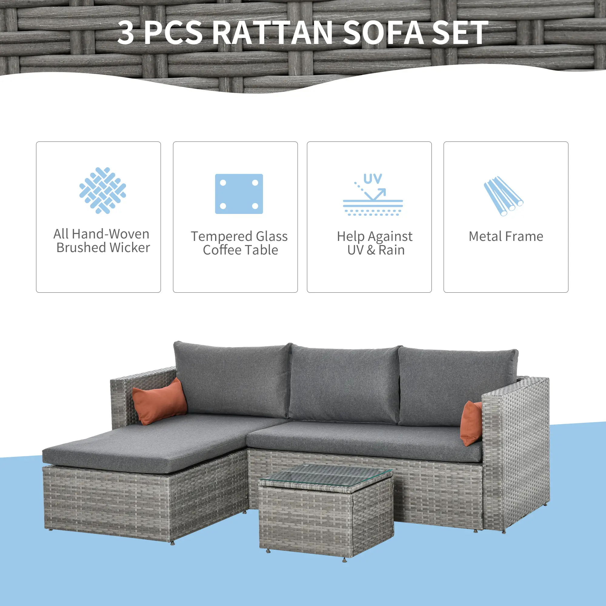 3-Piece Patio Furniture Set, Sectional Sofa, Wicker Chair, Grey - Image 6