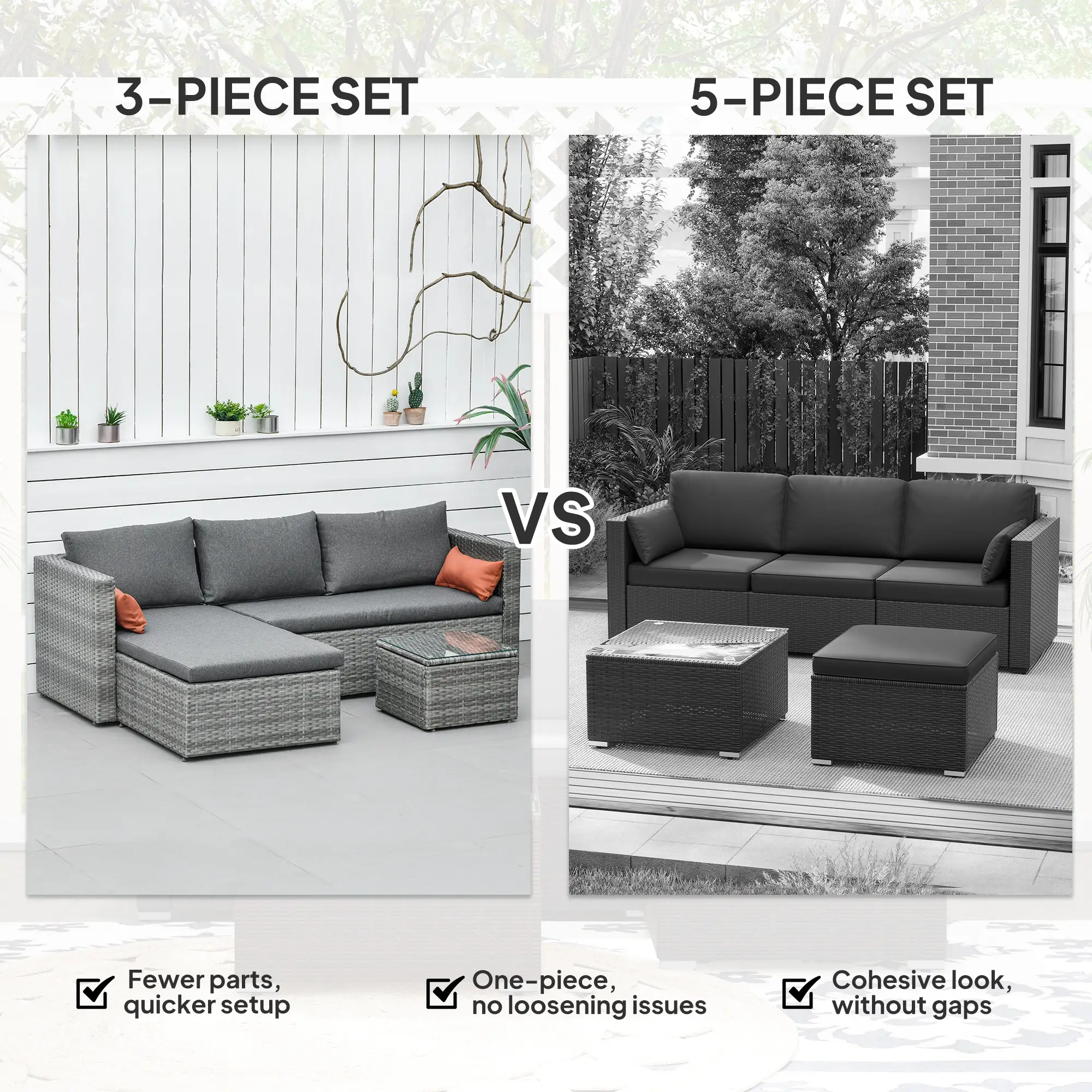 3-Piece Patio Furniture Set, Sectional Sofa, Wicker Chair, Grey - Image 7