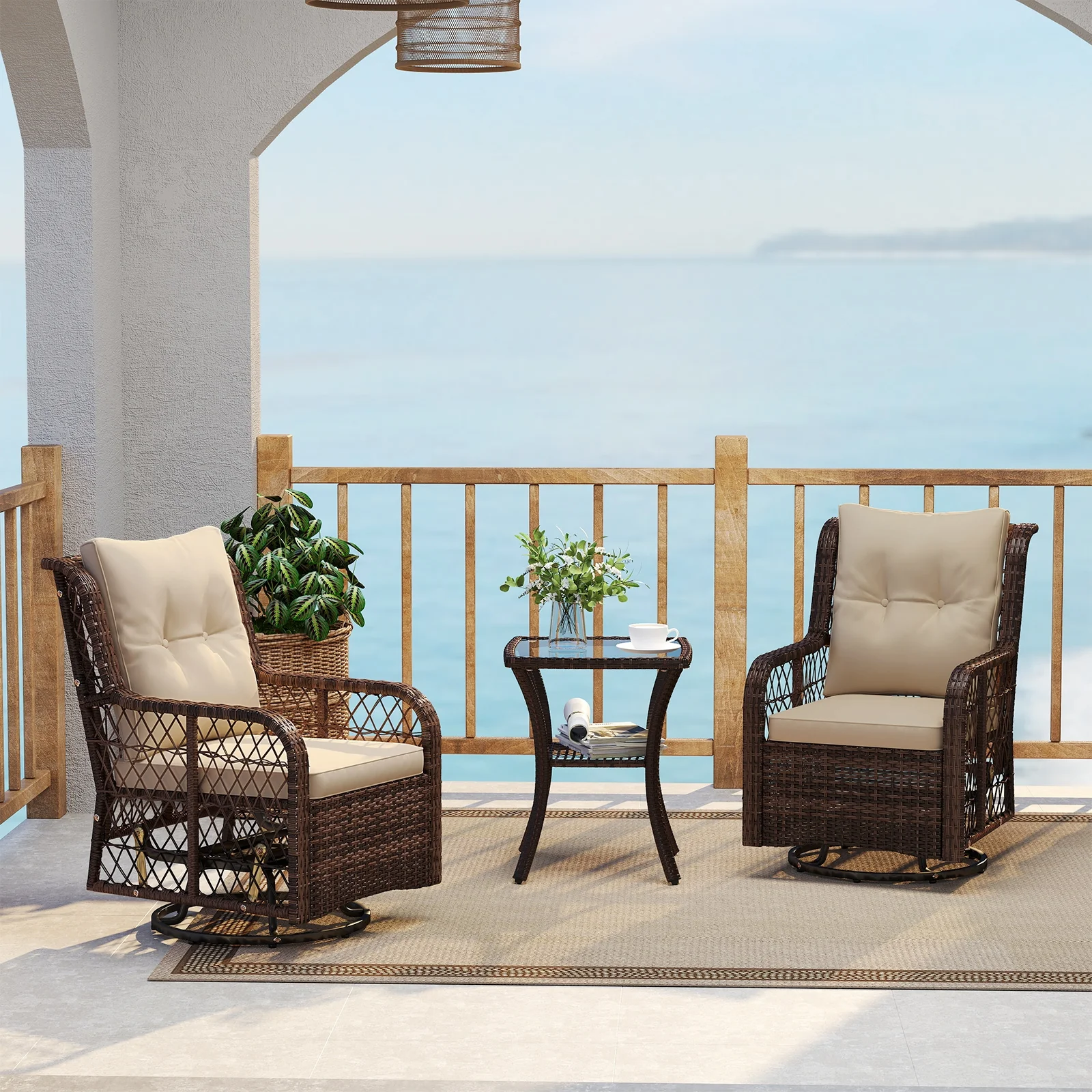 3-Piece Patio Furniture Set, Swivel Glider Chairs, 2-Tier Side Table, Brown - Image 3