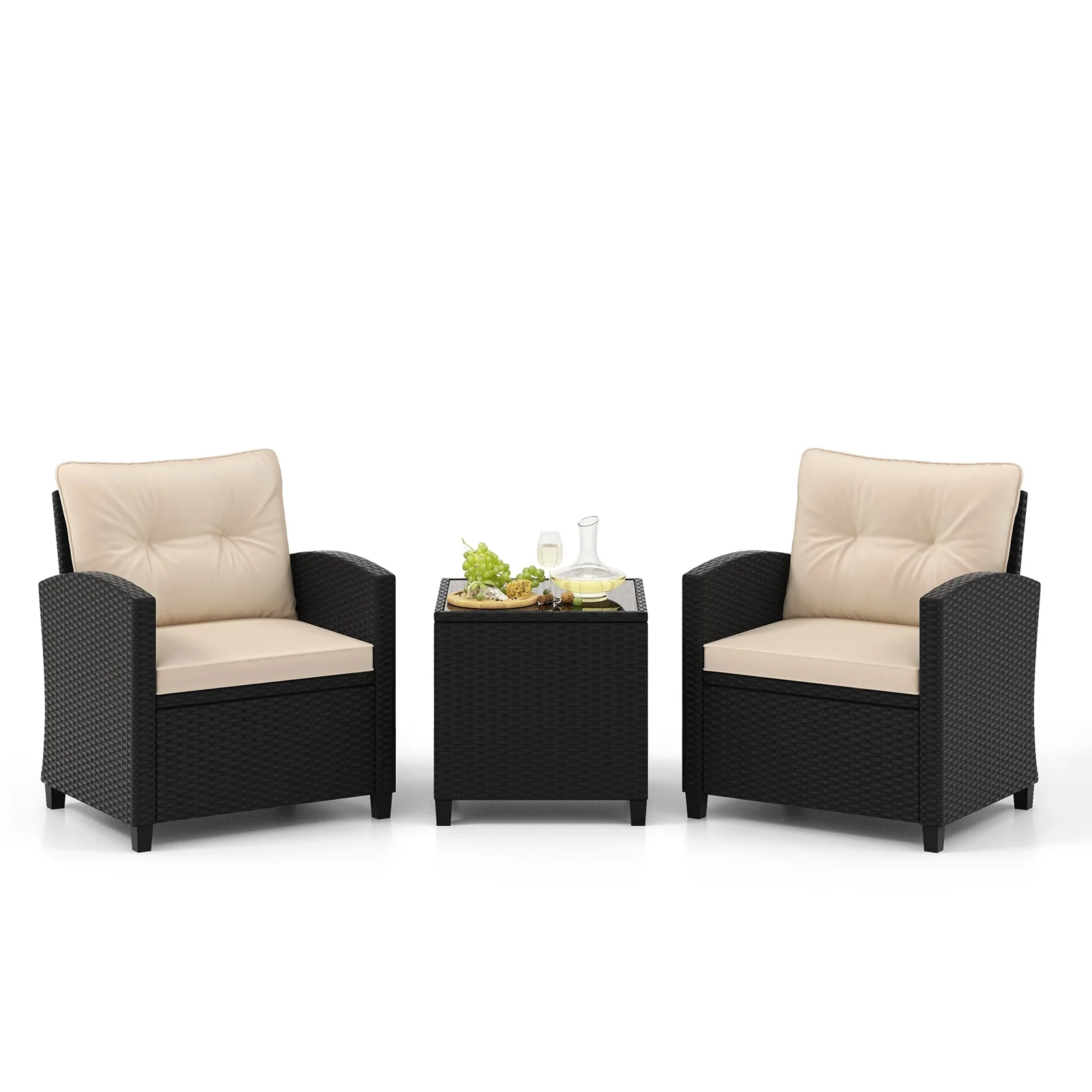 3 Piece Patio Furniture Set, Tempered Glass Coffee Table, Off White