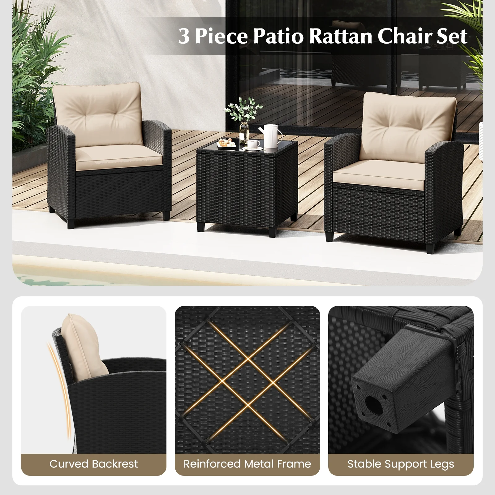 3 Piece Patio Furniture Set, Tempered Glass Coffee Table, Off White - Image 10