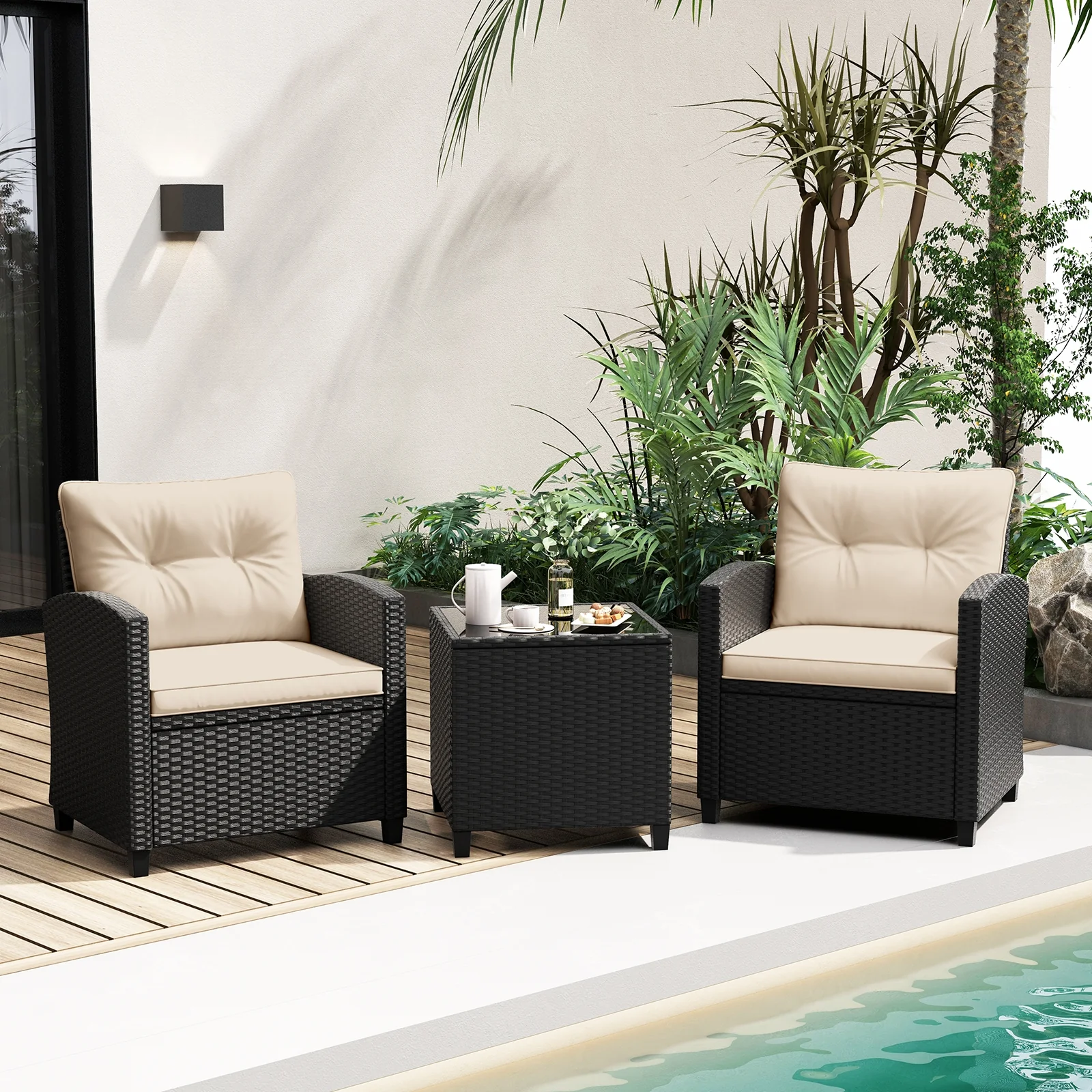 3 Piece Patio Furniture Set, Tempered Glass Coffee Table, Off White - Image 2