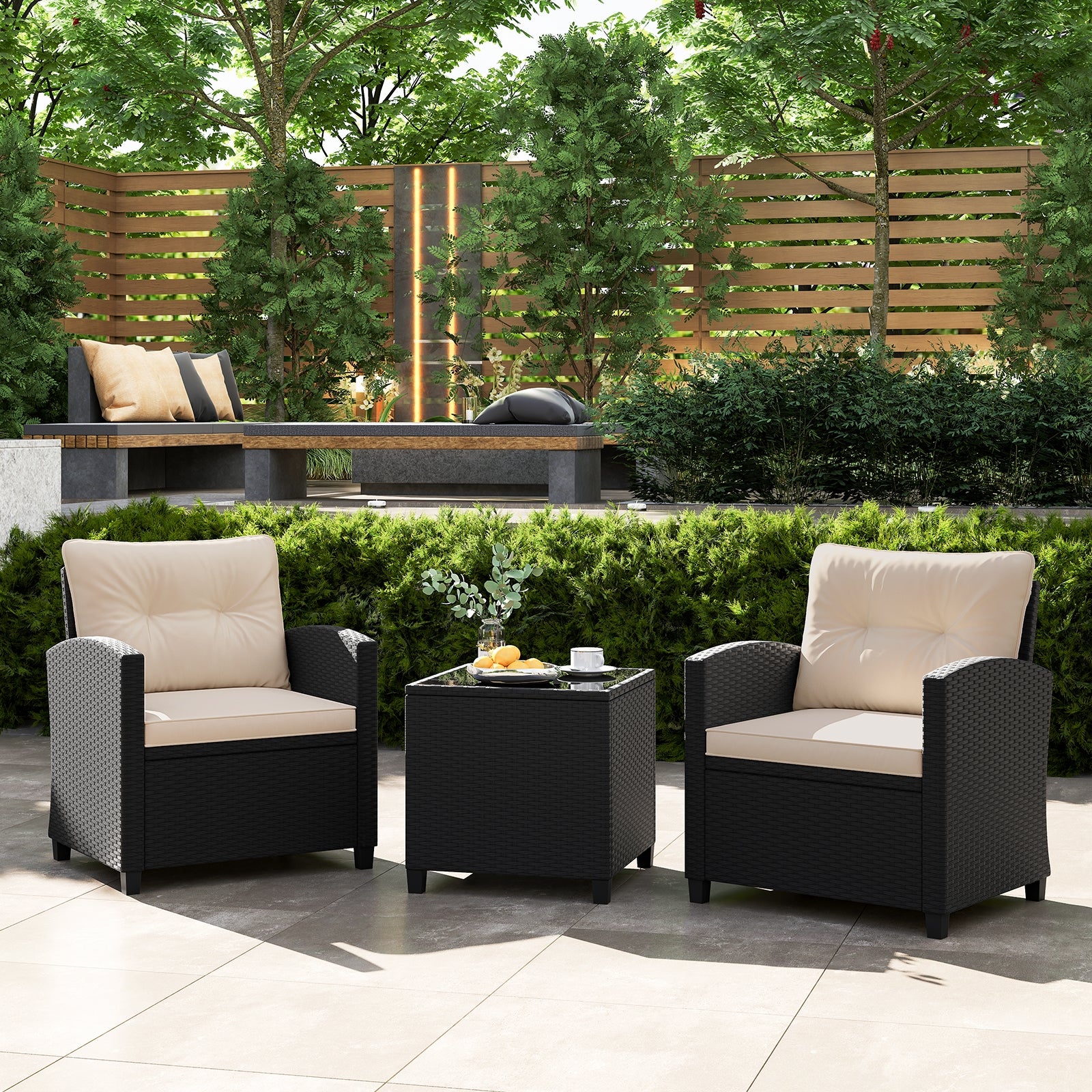 3 Piece Patio Furniture Set, Tempered Glass Coffee Table, Off White - Image 3
