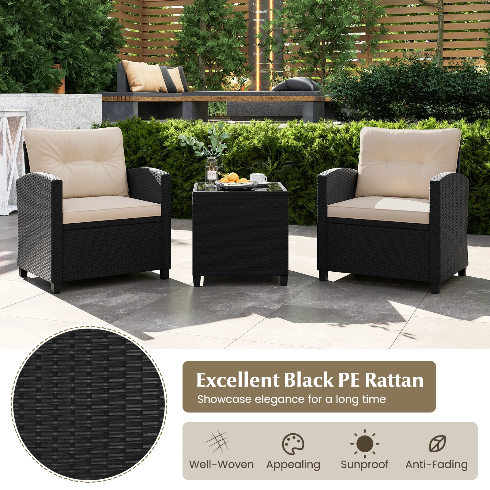 3 Piece Patio Furniture Set, Tempered Glass Coffee Table, Off White - Image 7