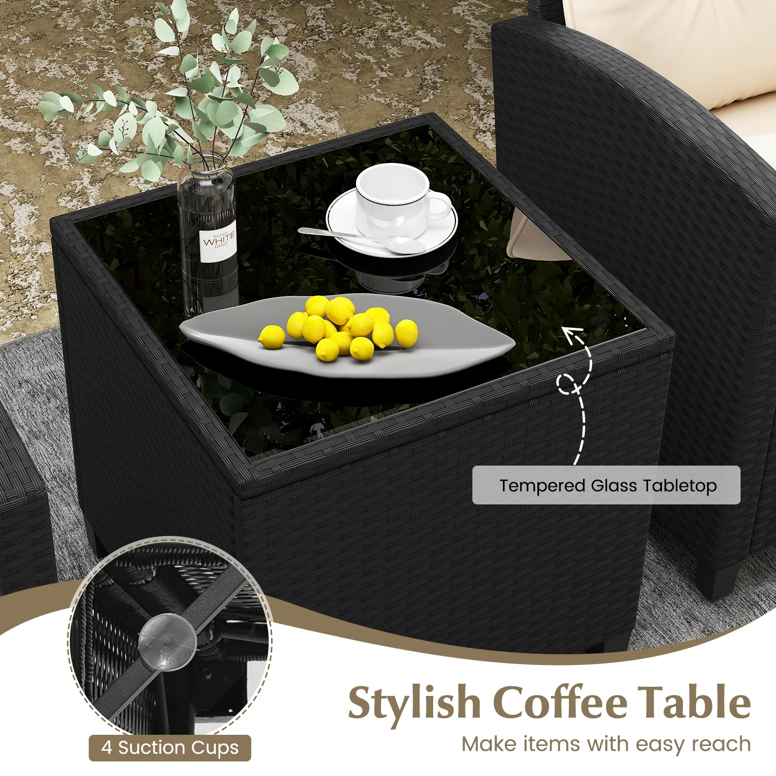 3 Piece Patio Furniture Set, Tempered Glass Coffee Table, Off White - Image 9