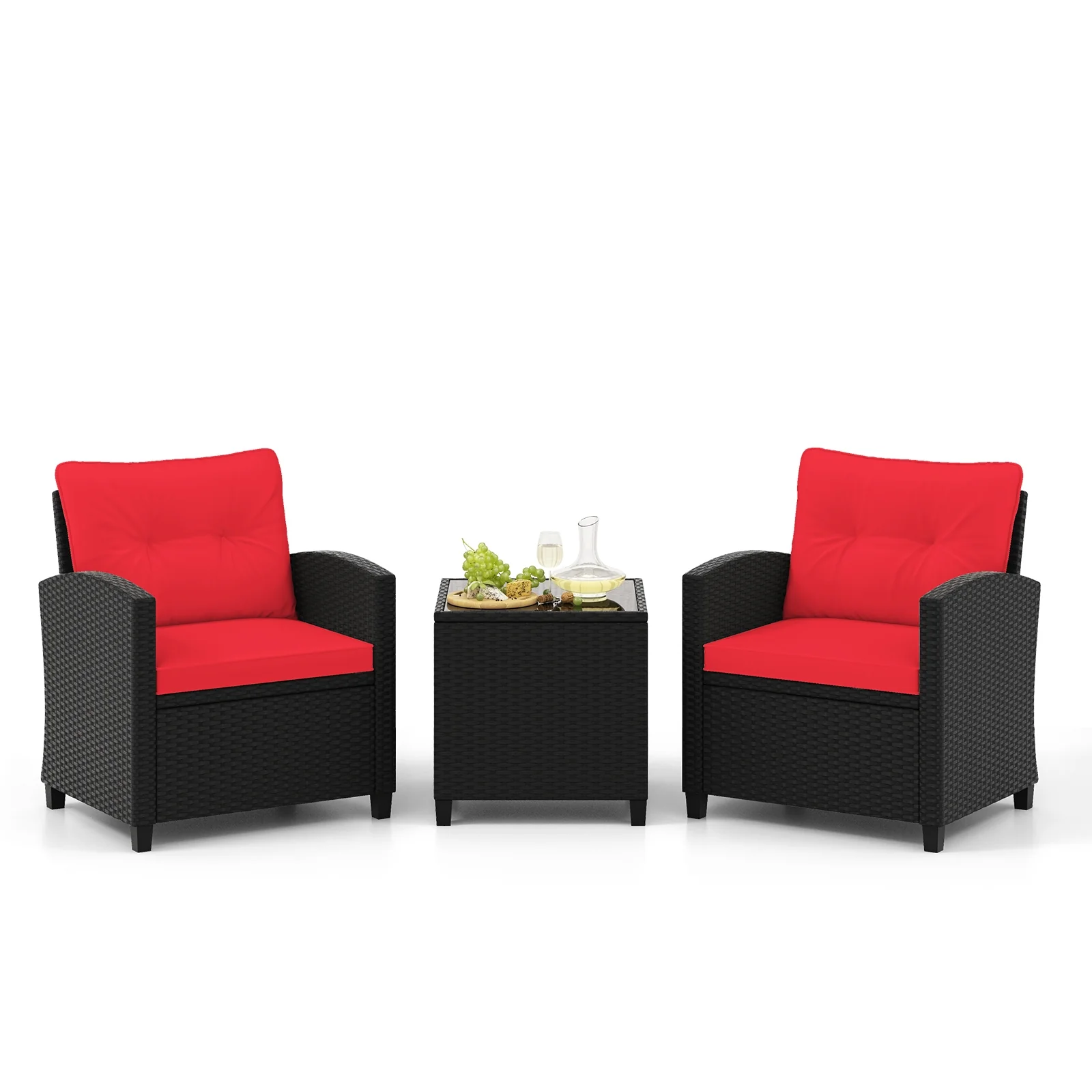 3 Piece Patio Furniture Set, Tempered Glass Coffee Table, Red