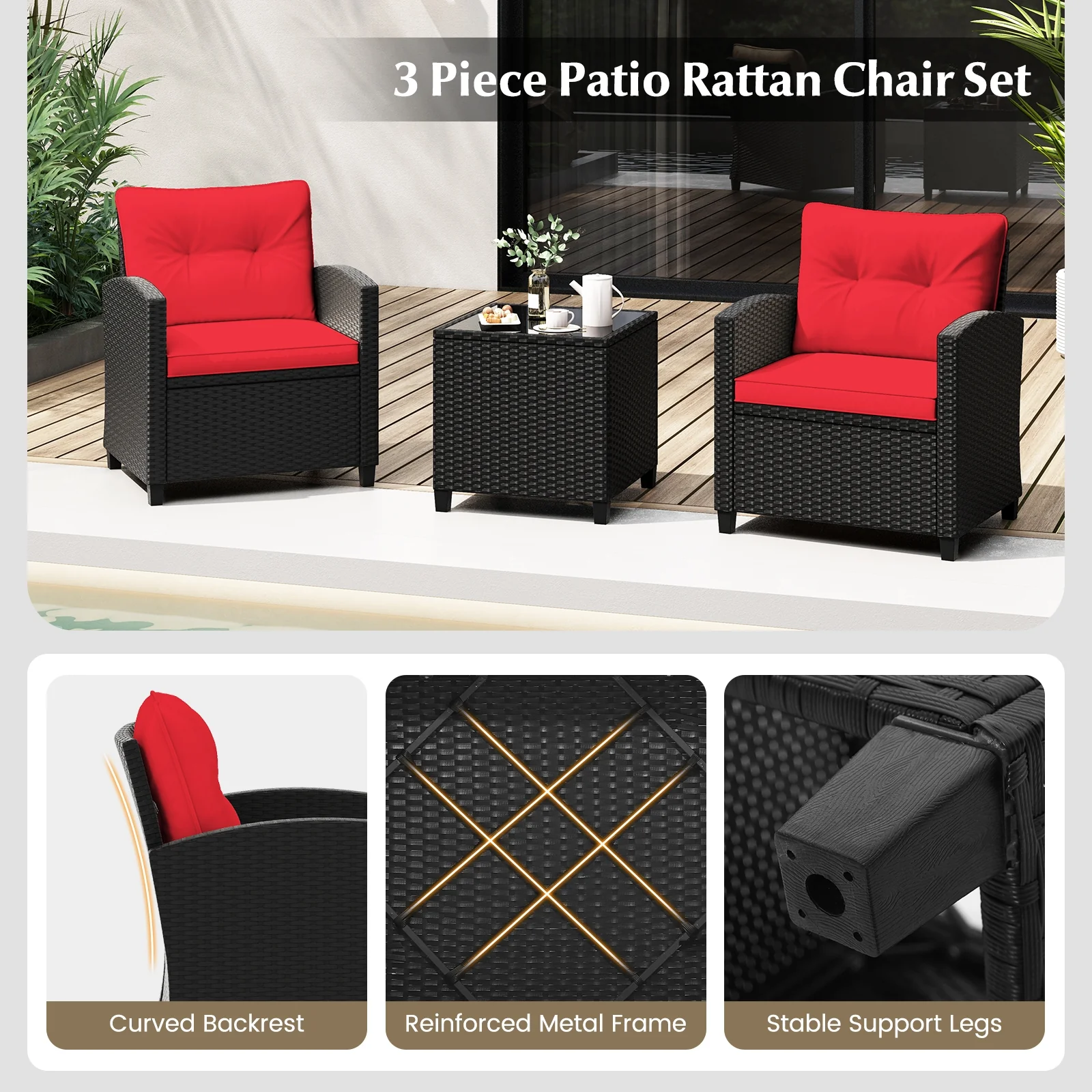 3 Piece Patio Furniture Set, Tempered Glass Coffee Table, Red - Image 10