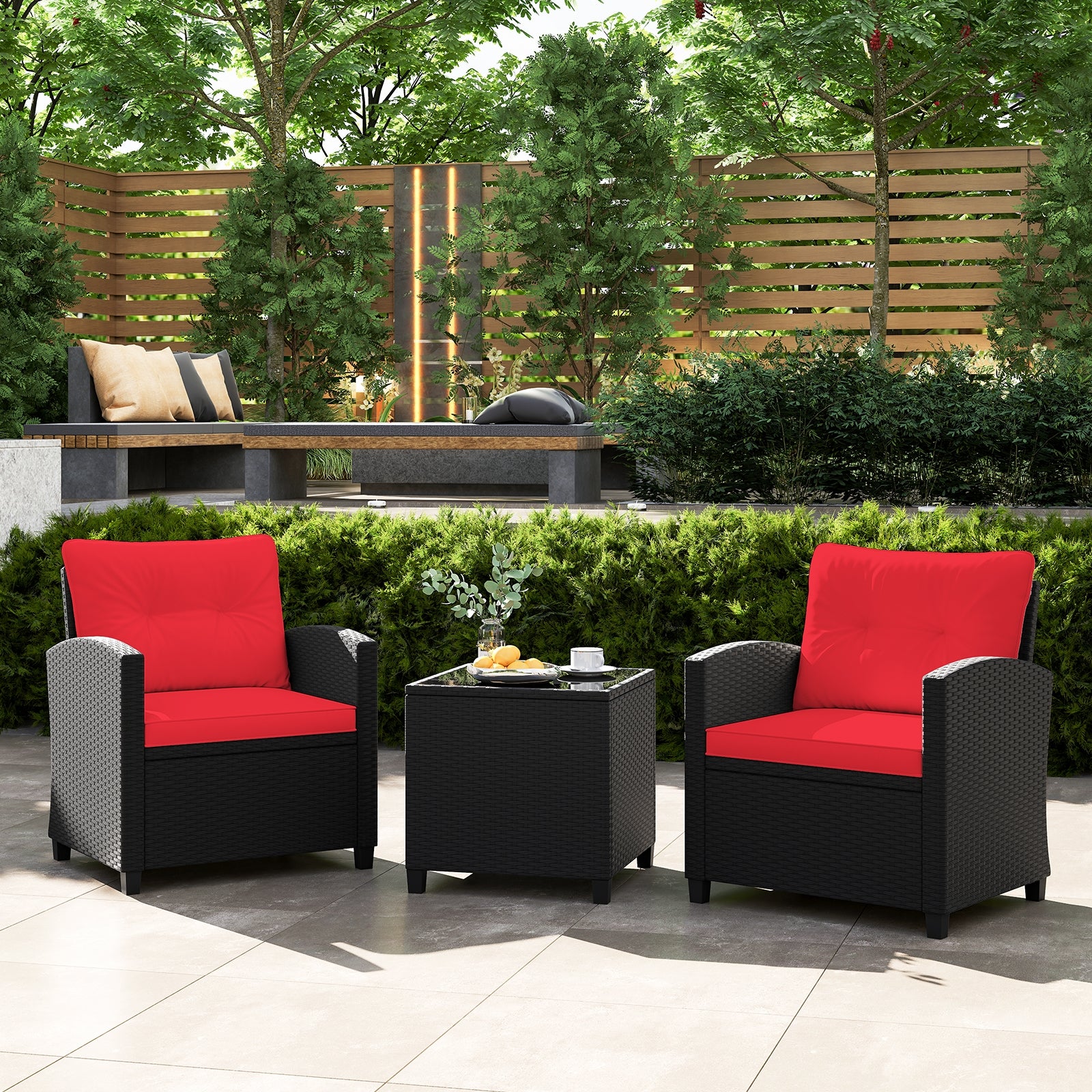 3 Piece Patio Furniture Set, Tempered Glass Coffee Table, Red - Image 2