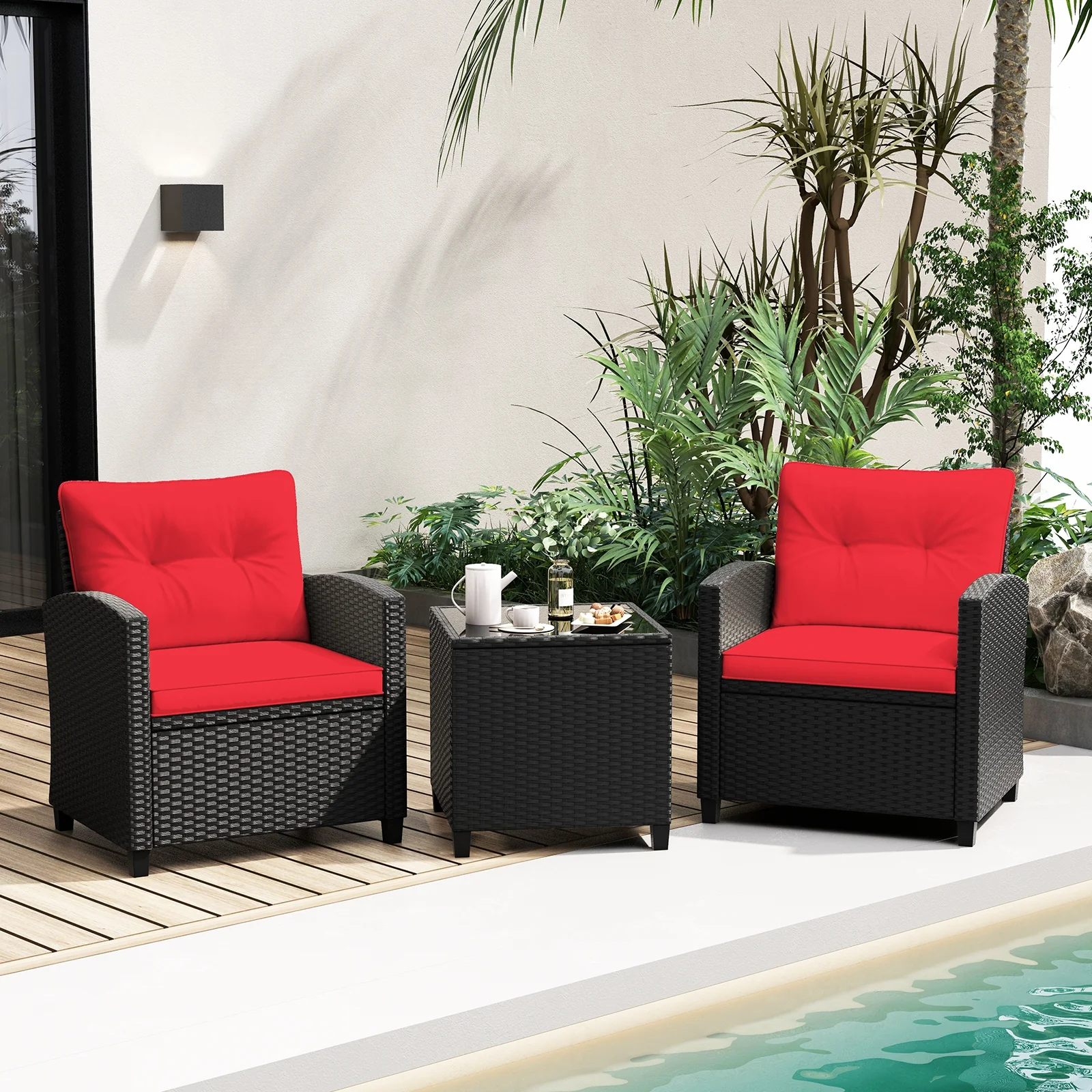 3 Piece Patio Furniture Set, Tempered Glass Coffee Table, Red - Image 3