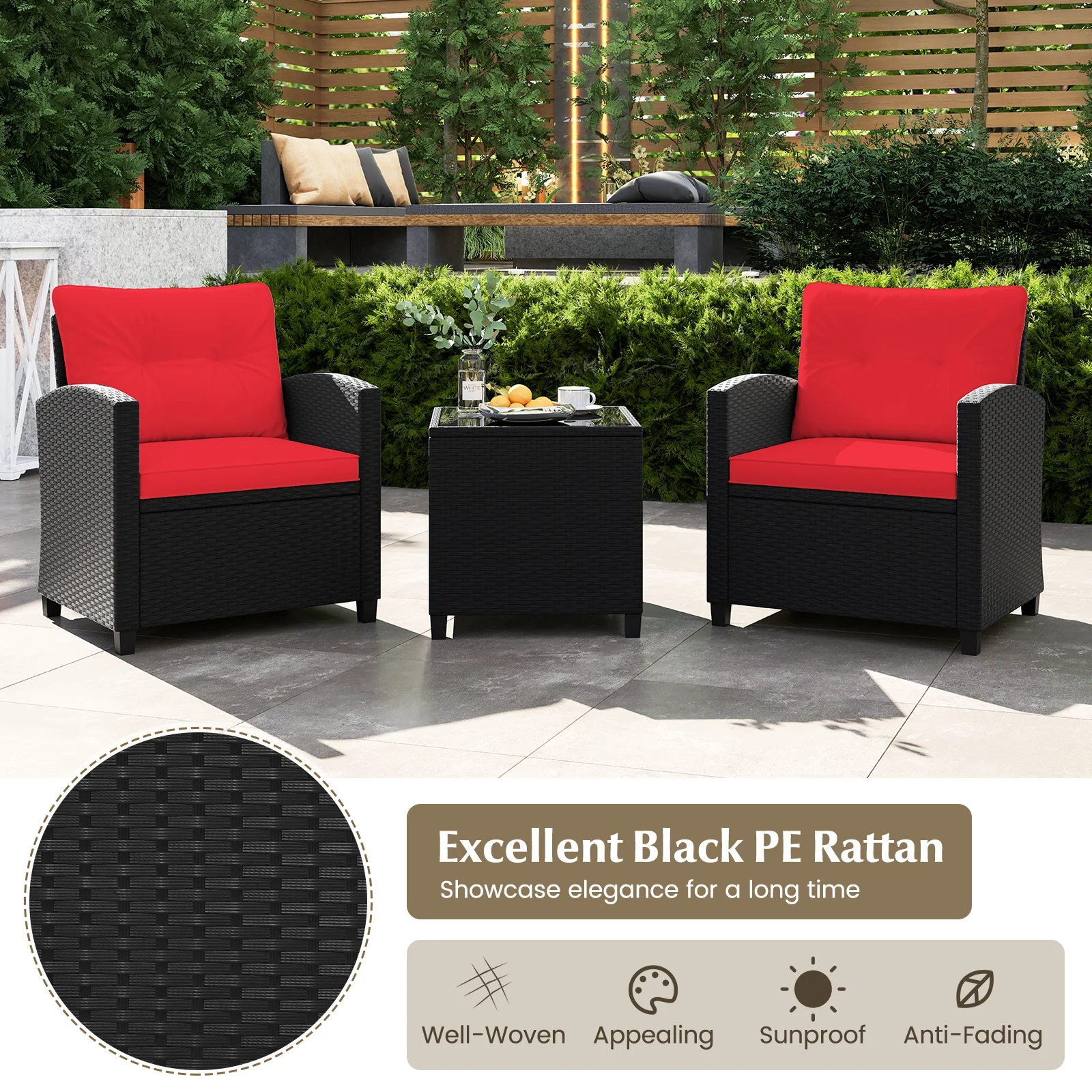 3 Piece Patio Furniture Set, Tempered Glass Coffee Table, Red - Image 7