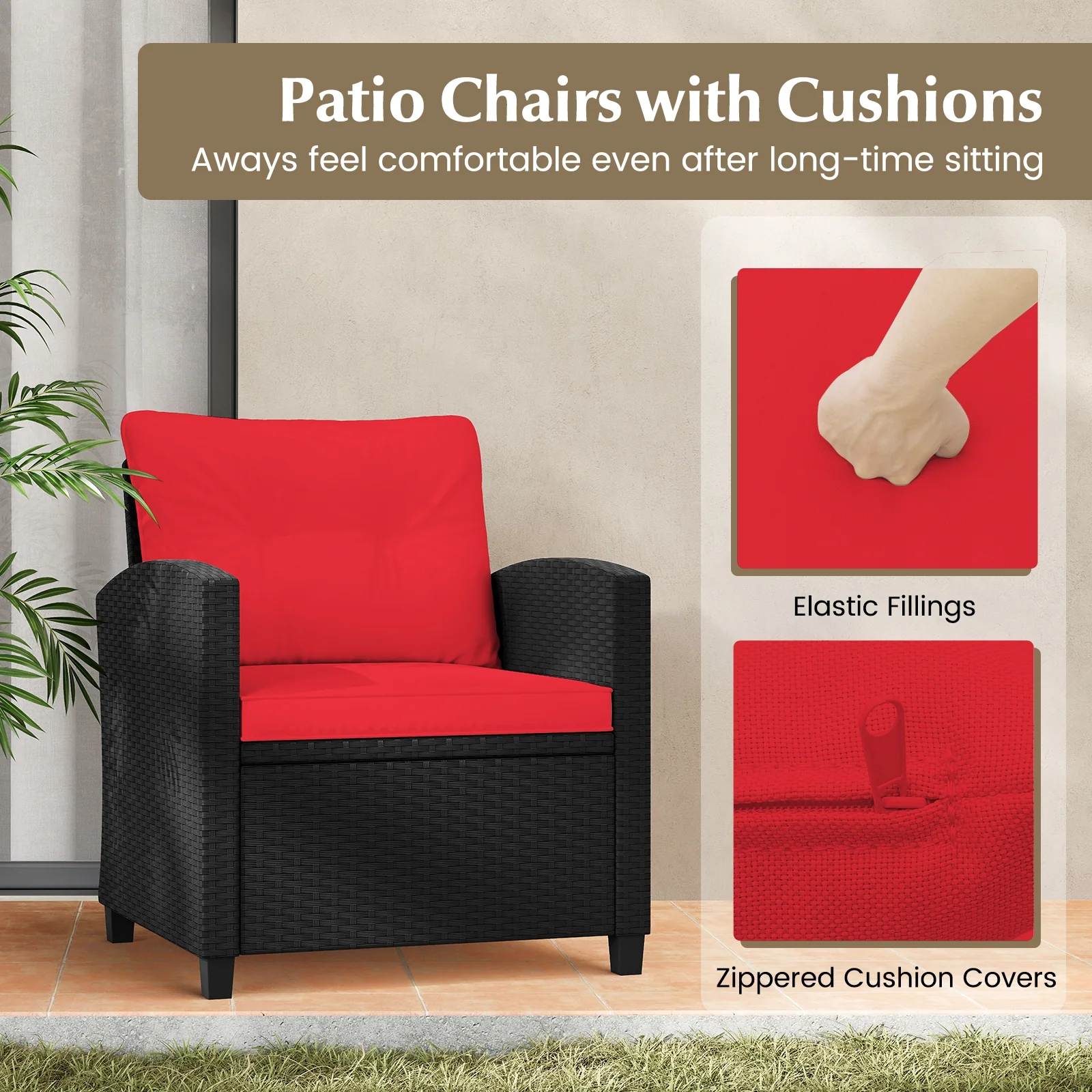 3 Piece Patio Furniture Set, Tempered Glass Coffee Table, Red - Image 8