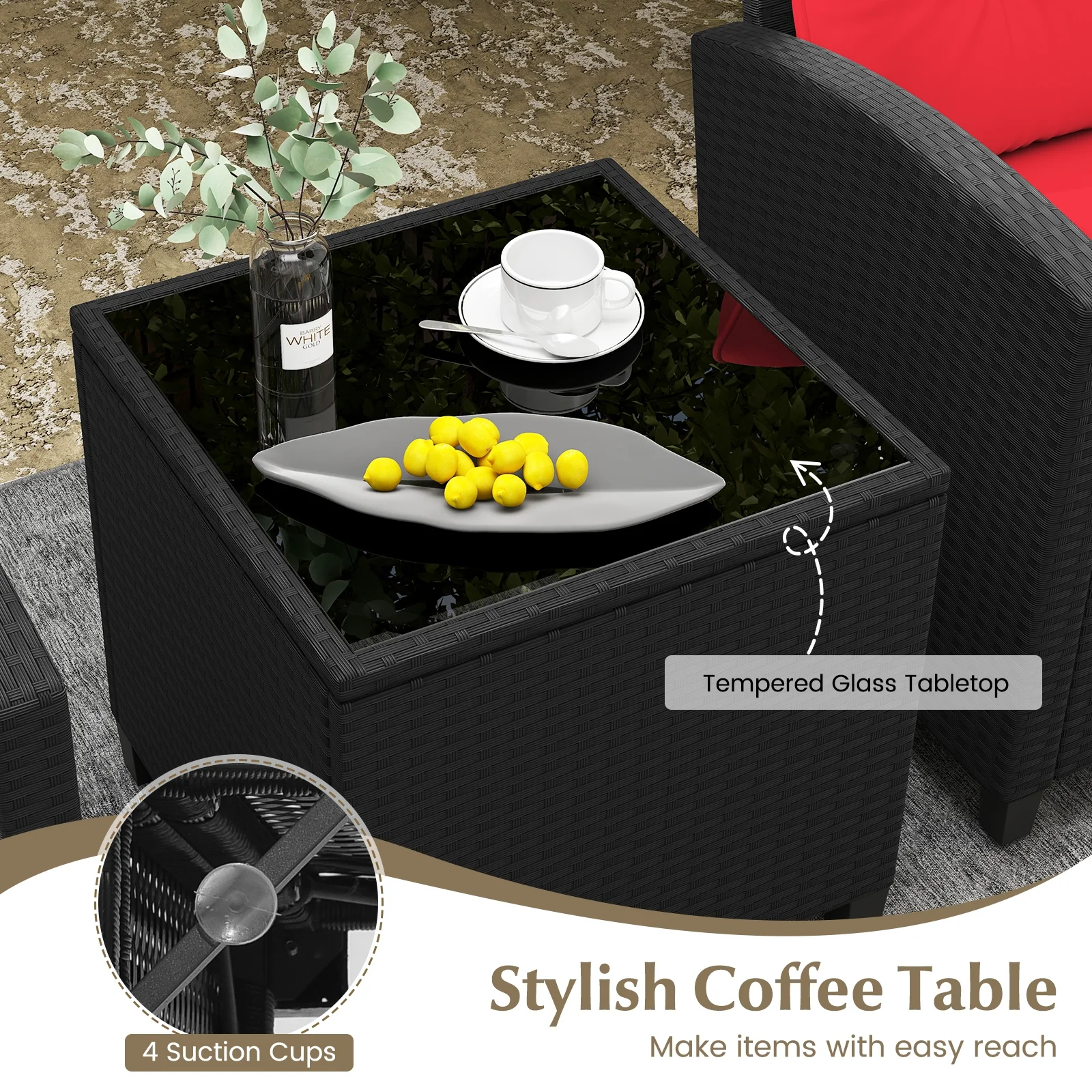 3 Piece Patio Furniture Set, Tempered Glass Coffee Table, Red - Image 9