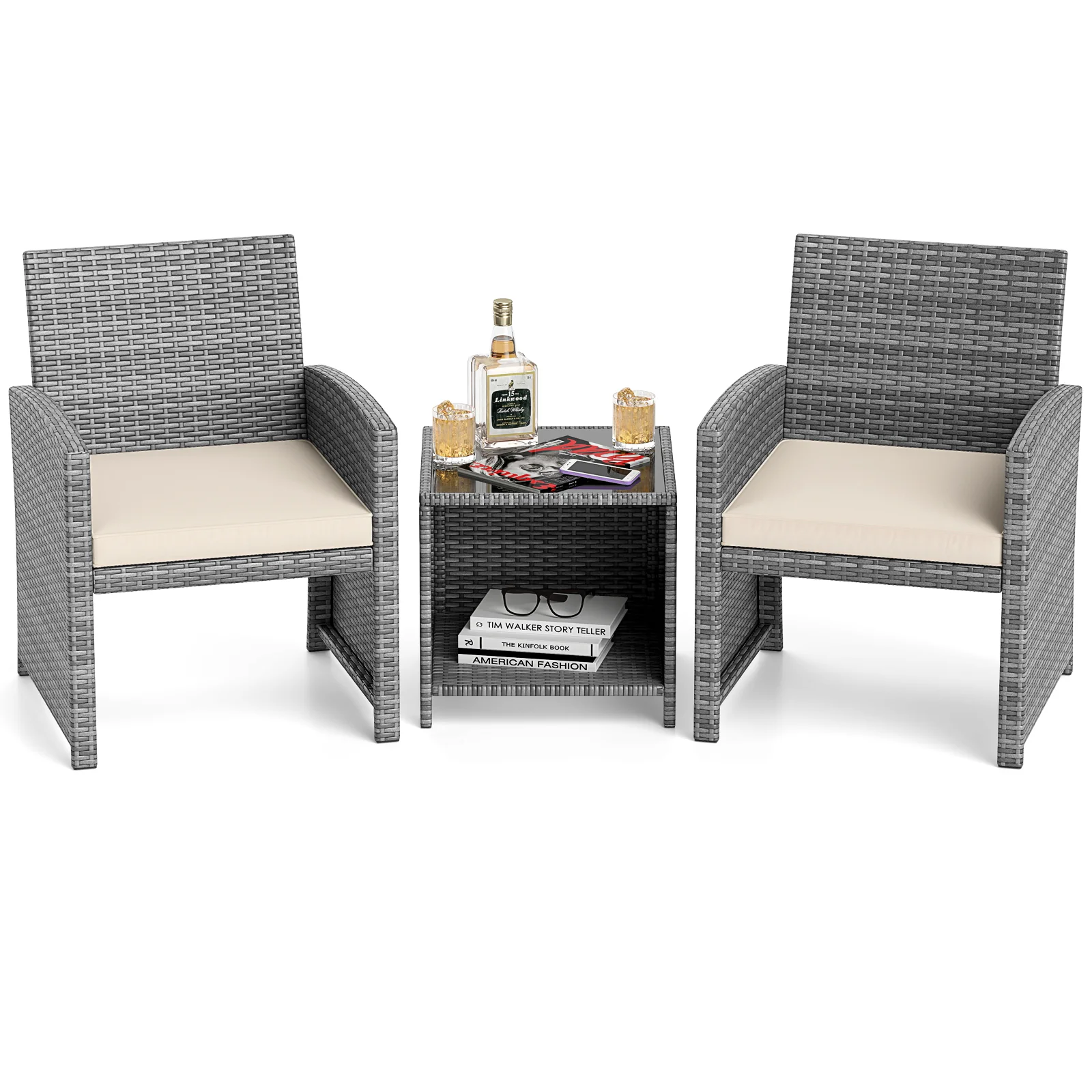 3 Piece Patio Furniture Set, Tempered Glass Coffee Table, Soft Cushions, White