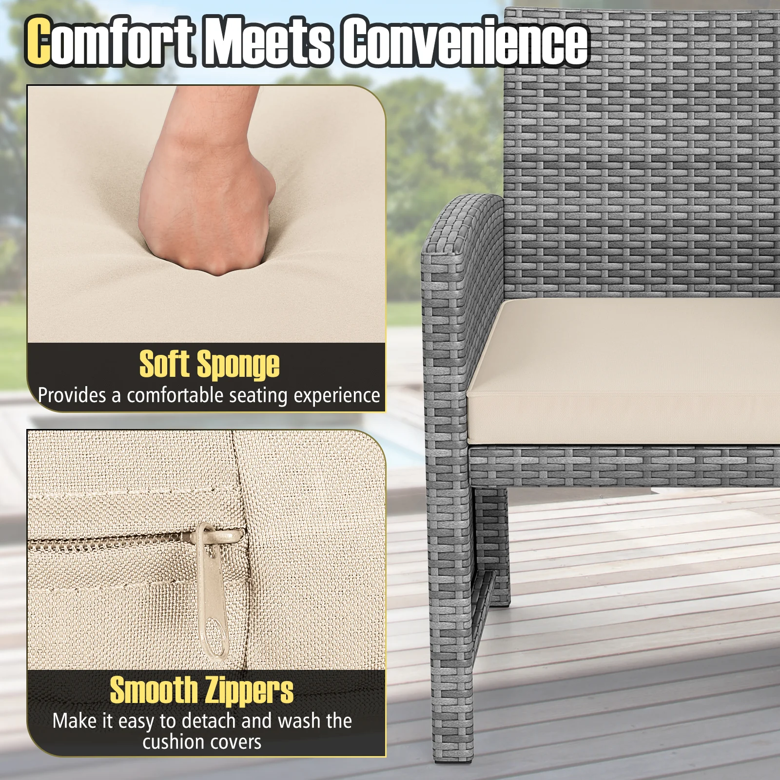 3 Piece Patio Furniture Set, Tempered Glass Coffee Table, Soft Cushions, White - Image 10
