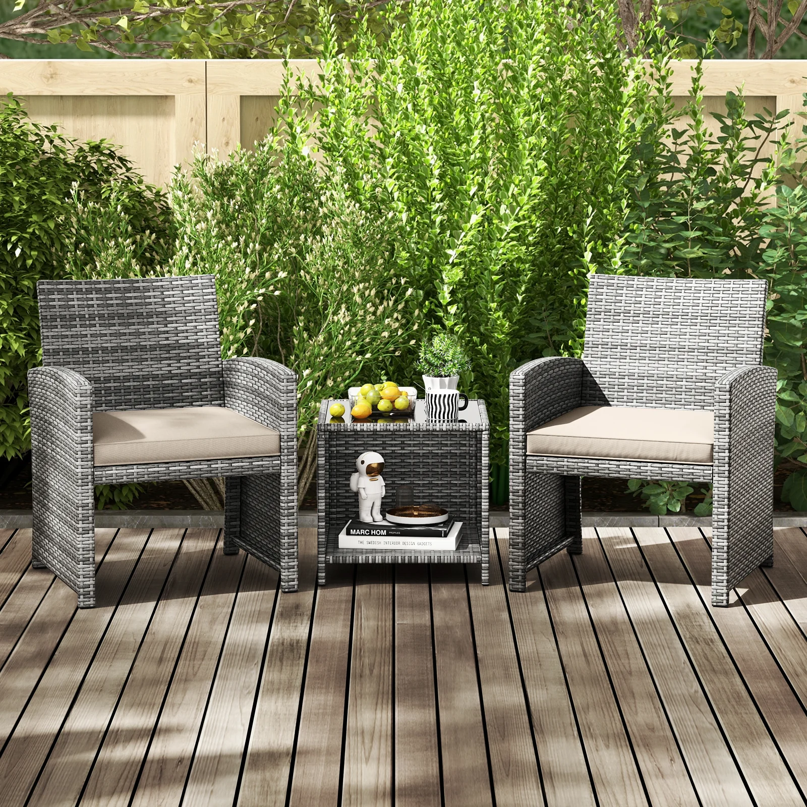 3 Piece Patio Furniture Set, Tempered Glass Coffee Table, Soft Cushions, White - Image 2