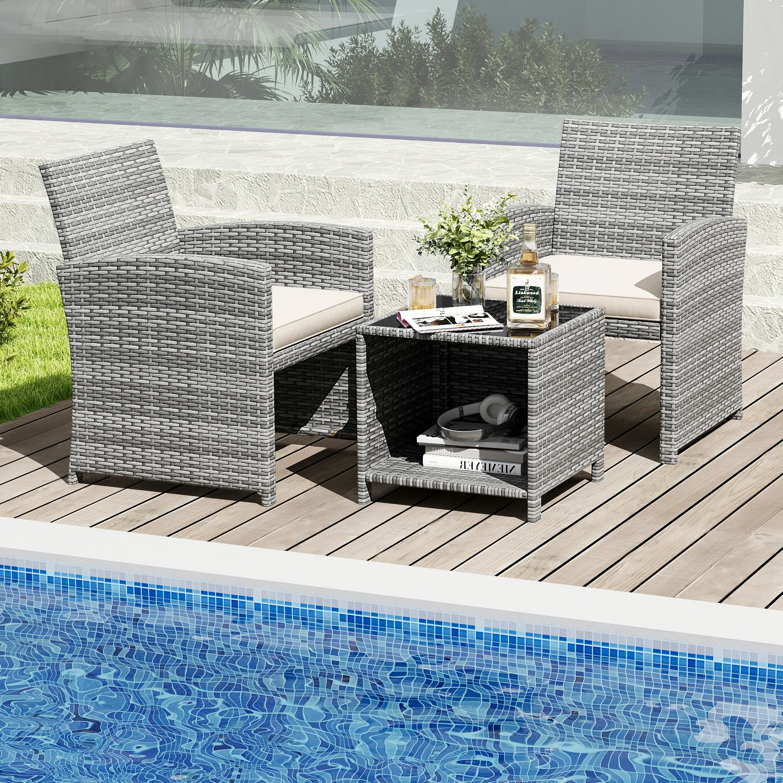 3 Piece Patio Furniture Set, Tempered Glass Coffee Table, Soft Cushions, White - Image 3