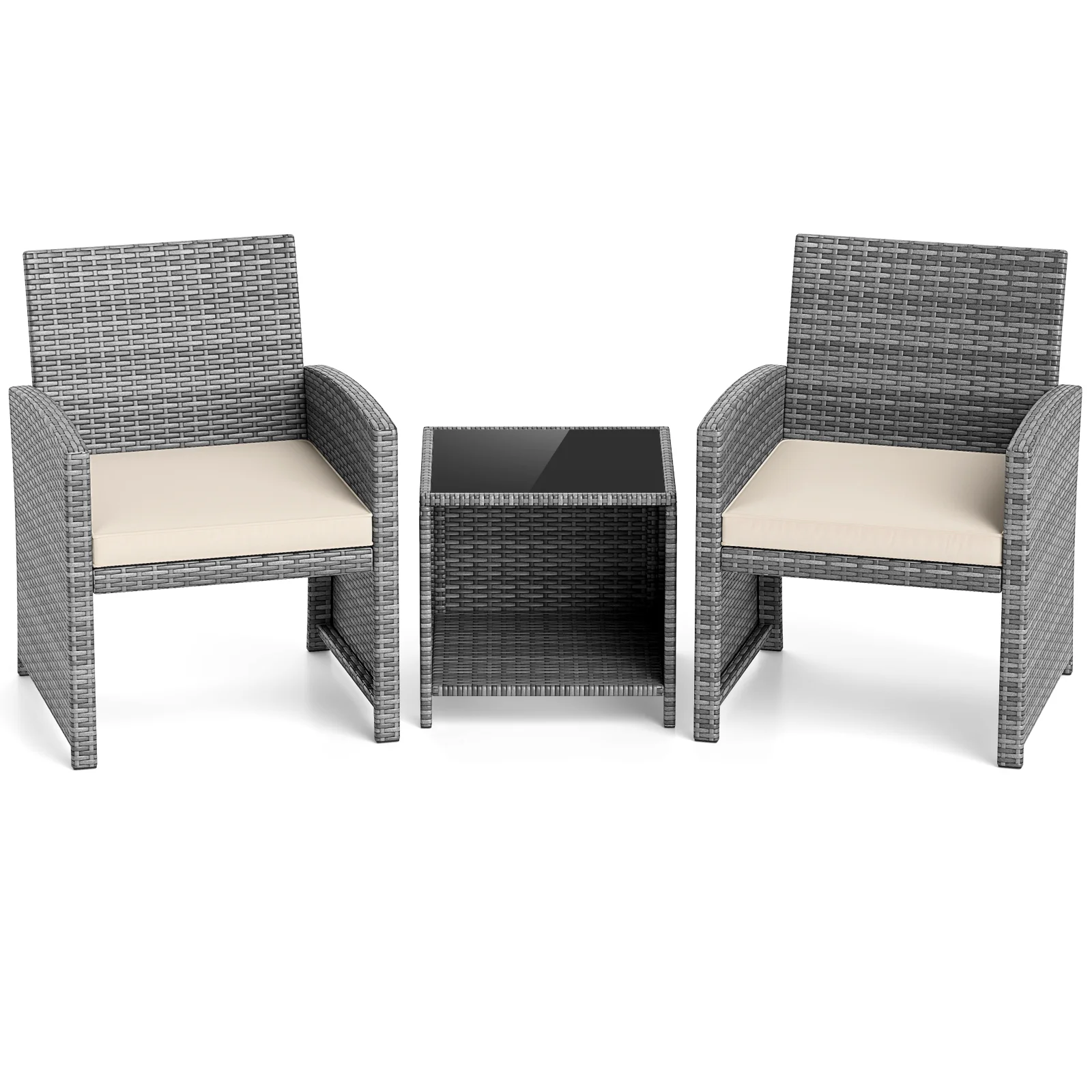 3 Piece Patio Furniture Set, Tempered Glass Coffee Table, Soft Cushions, White - Image 5