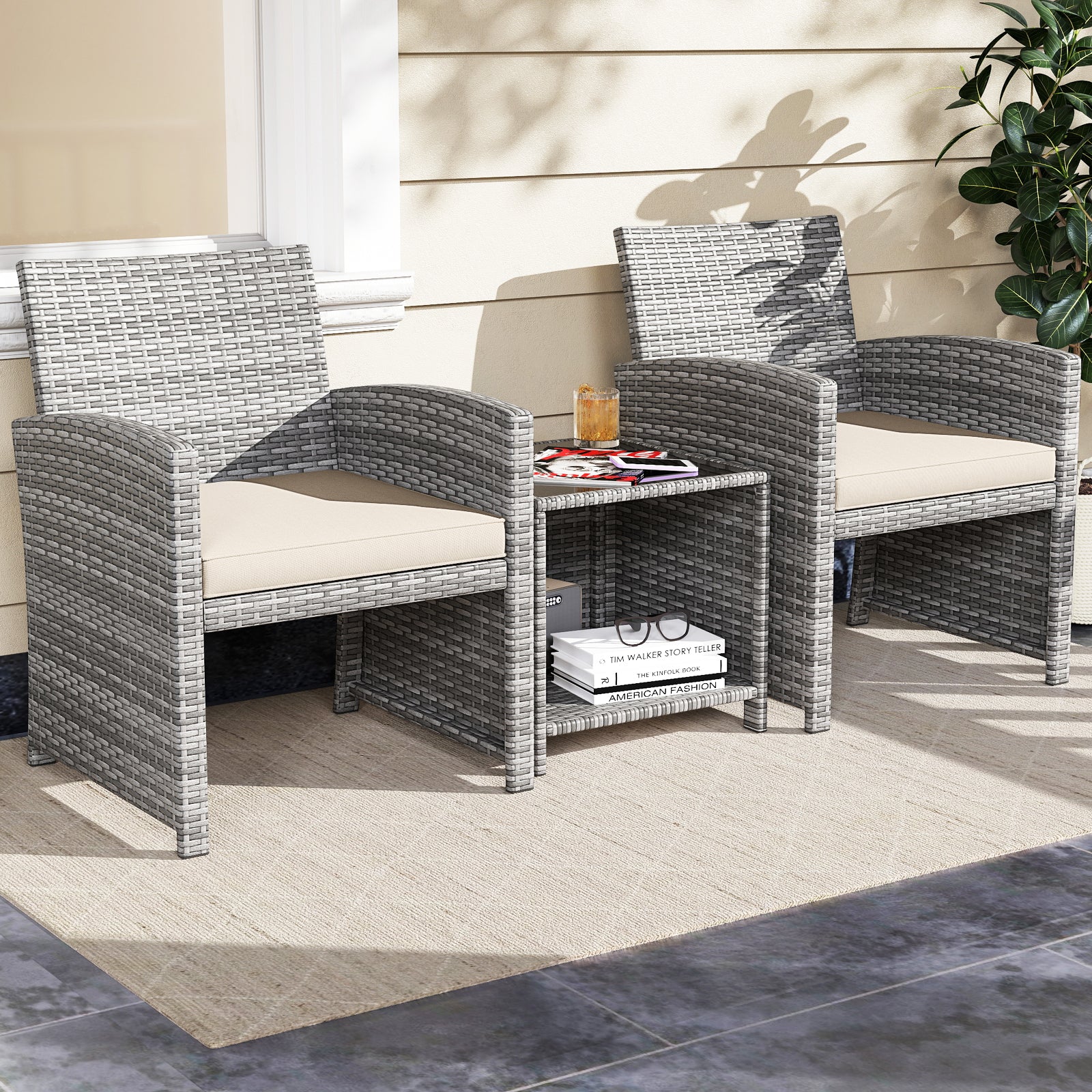 3 Piece Patio Furniture Set, Tempered Glass Coffee Table, Soft Cushions, White - Image 7