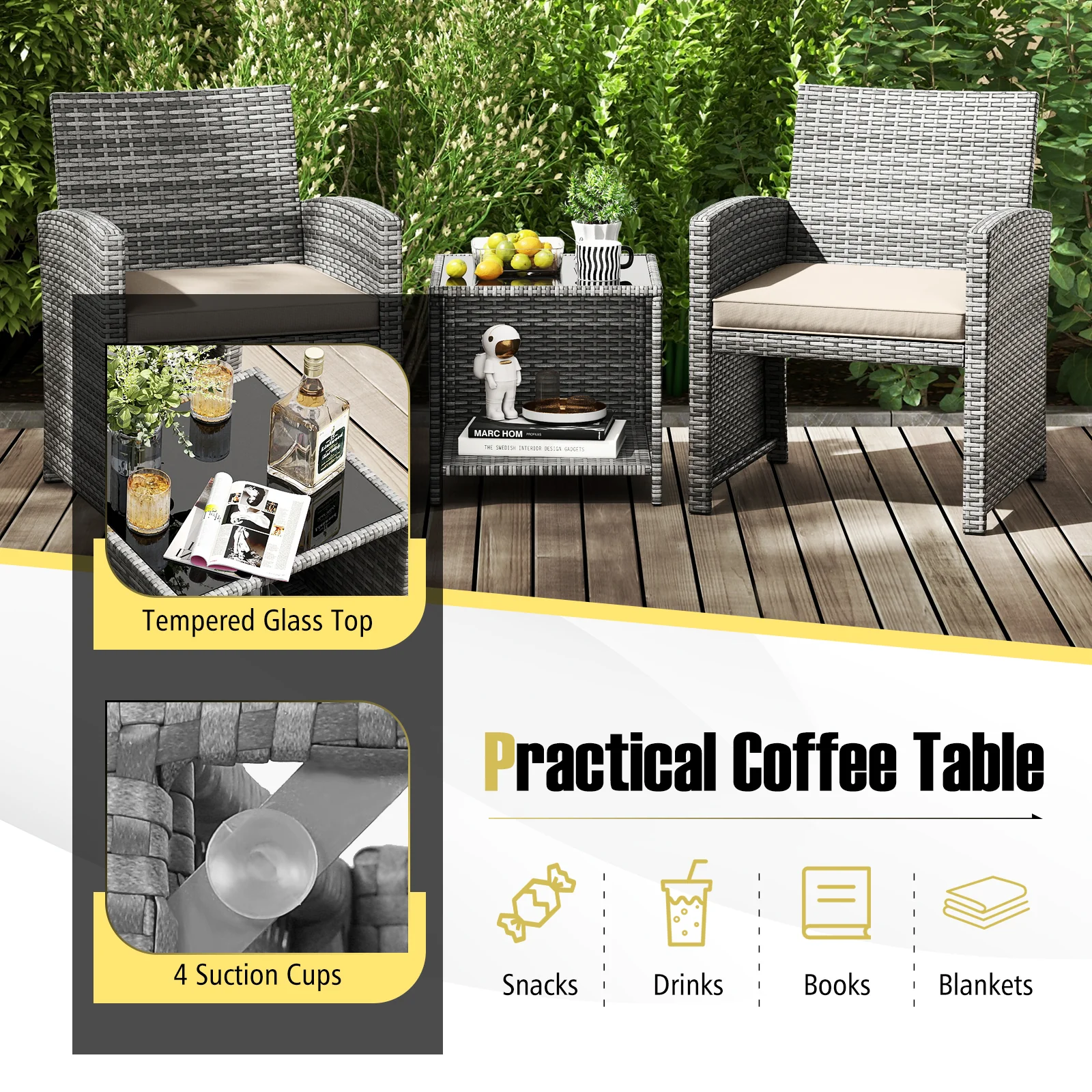 3 Piece Patio Furniture Set, Tempered Glass Coffee Table, Soft Cushions, White - Image 8