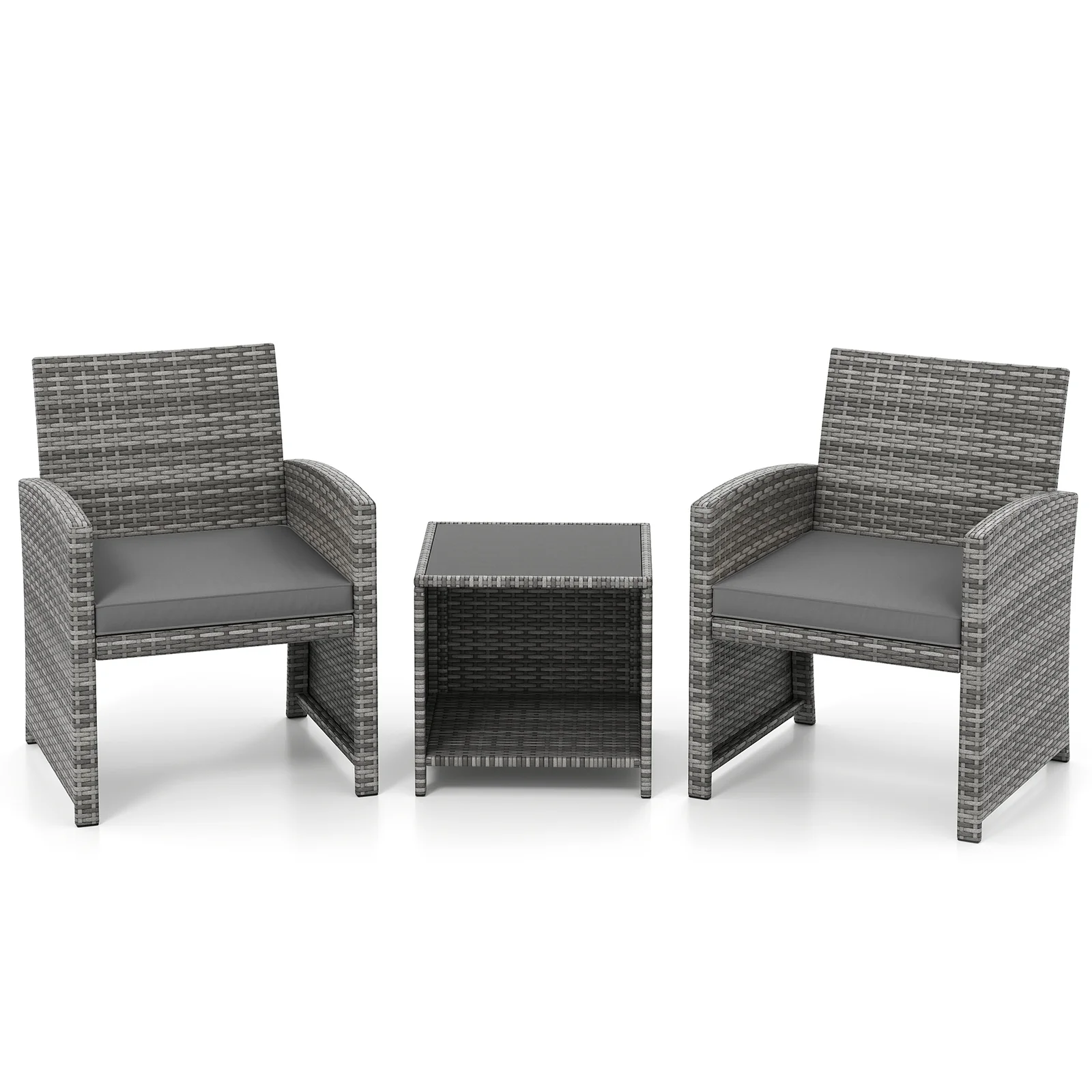 3 Piece Patio Furniture Set, Tempered Glass Table, Soft Cushions, Gray - Image 2