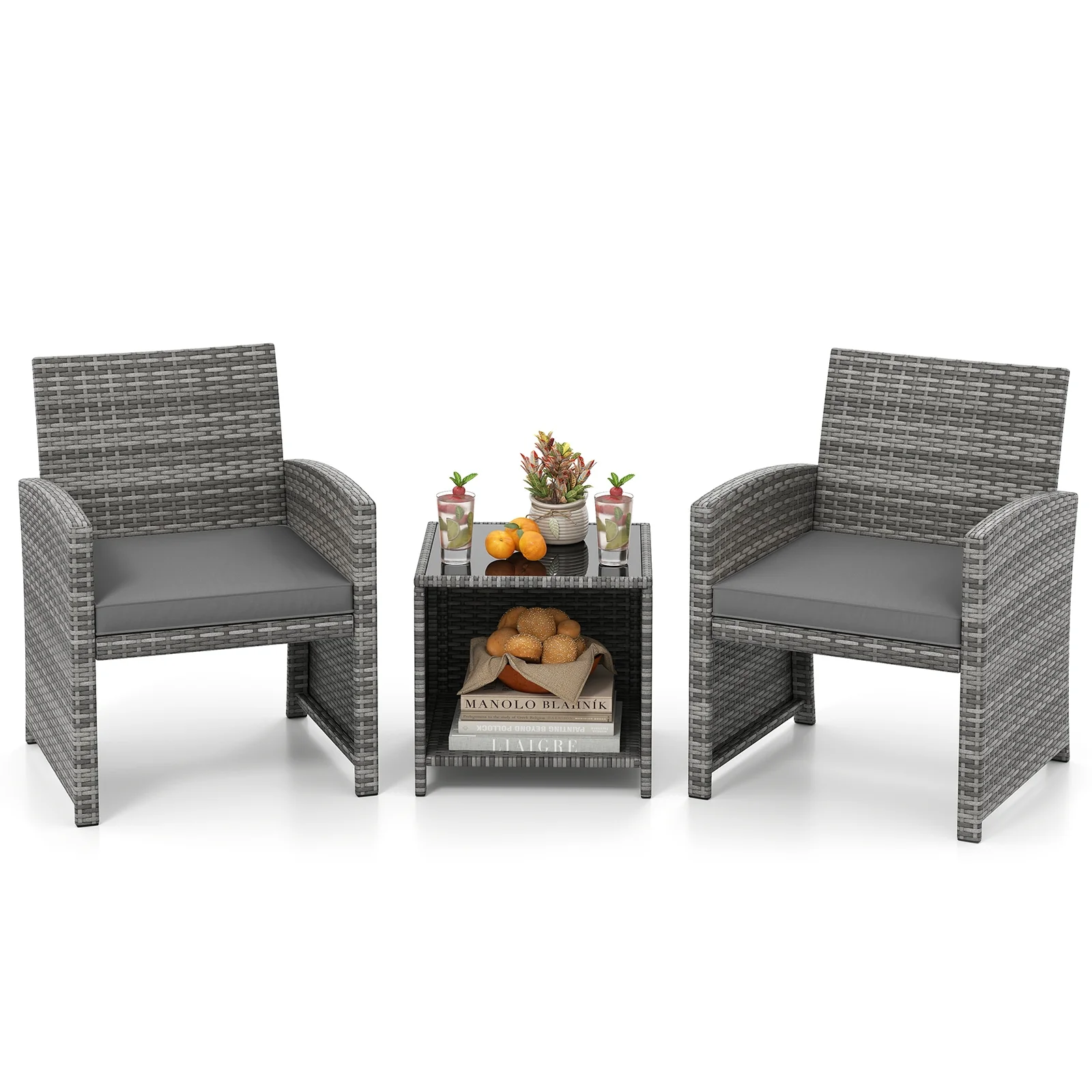 3 Piece Patio Furniture Set, Tempered Glass Table, Soft Cushions, Gray - Image 3