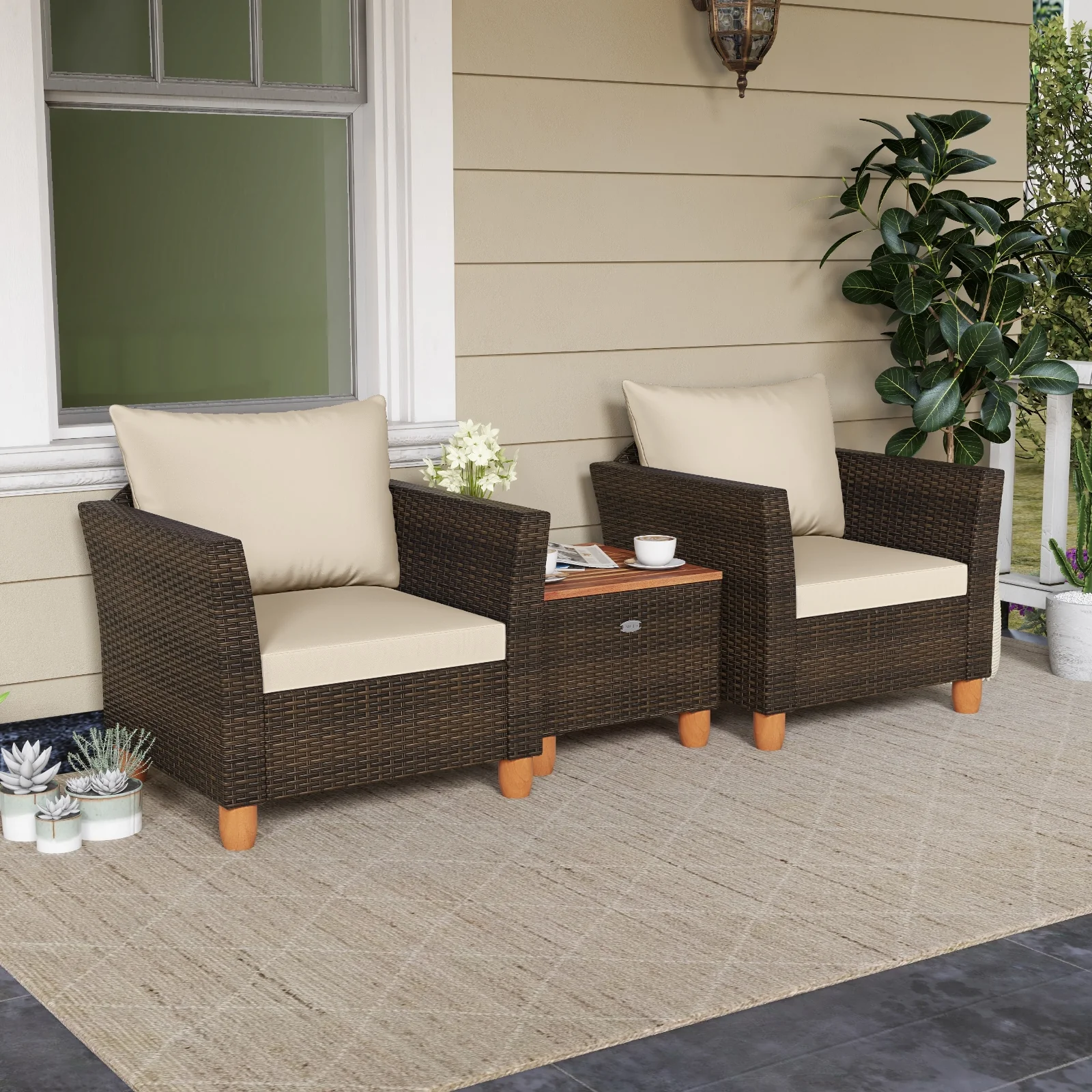 3-Piece Patio Furniture Set With Cushions, Acacia Wood Coffee Table, Beige - Image 2