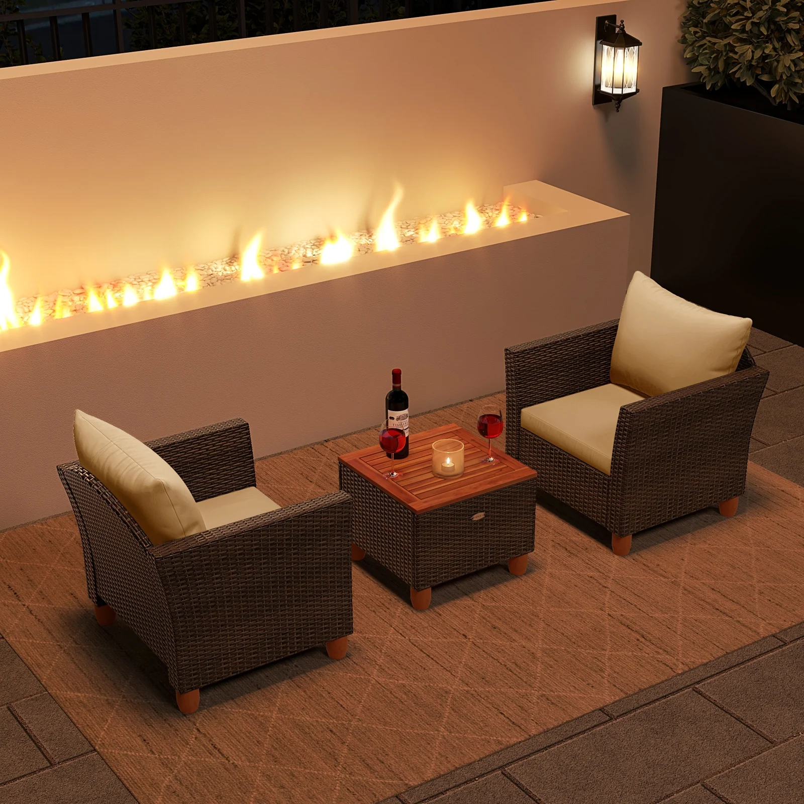 3-Piece Patio Furniture Set With Cushions, Acacia Wood Coffee Table, Beige - Image 3