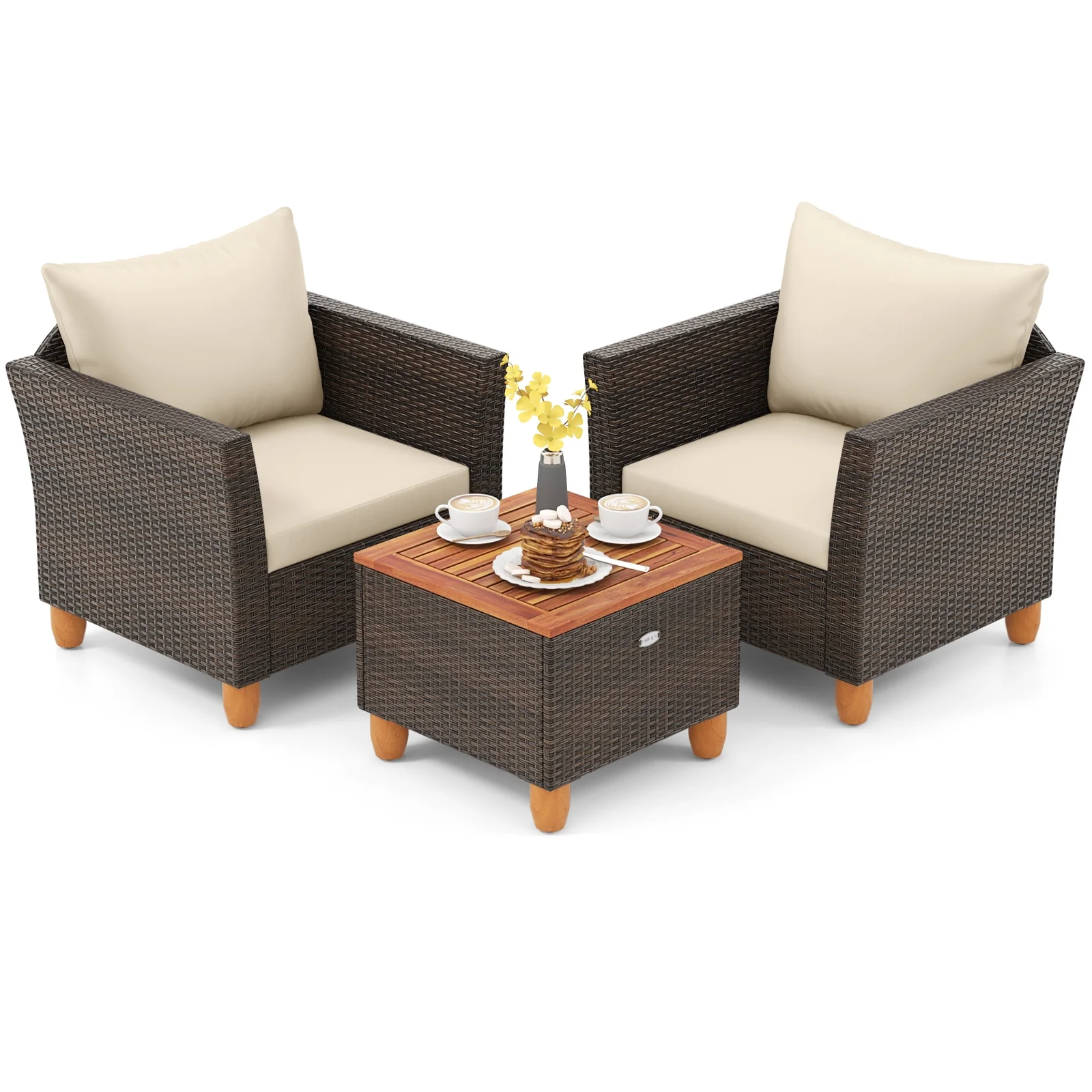 3-Piece Patio Furniture Set With Cushions, Acacia Wood Coffee Table, Beige - Image 4