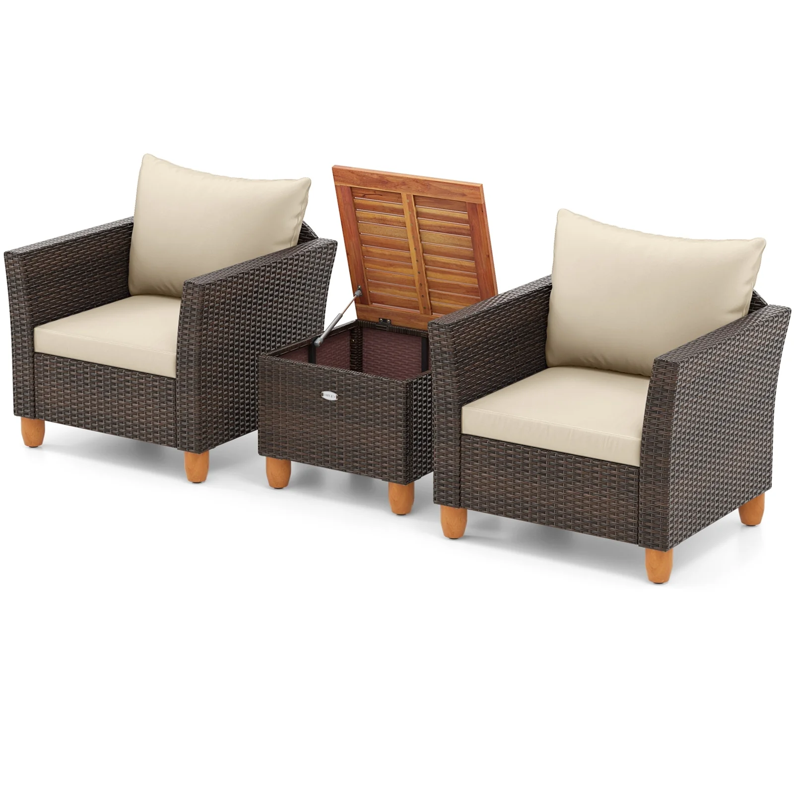 3-Piece Patio Furniture Set With Cushions, Acacia Wood Coffee Table, Beige - Image 5