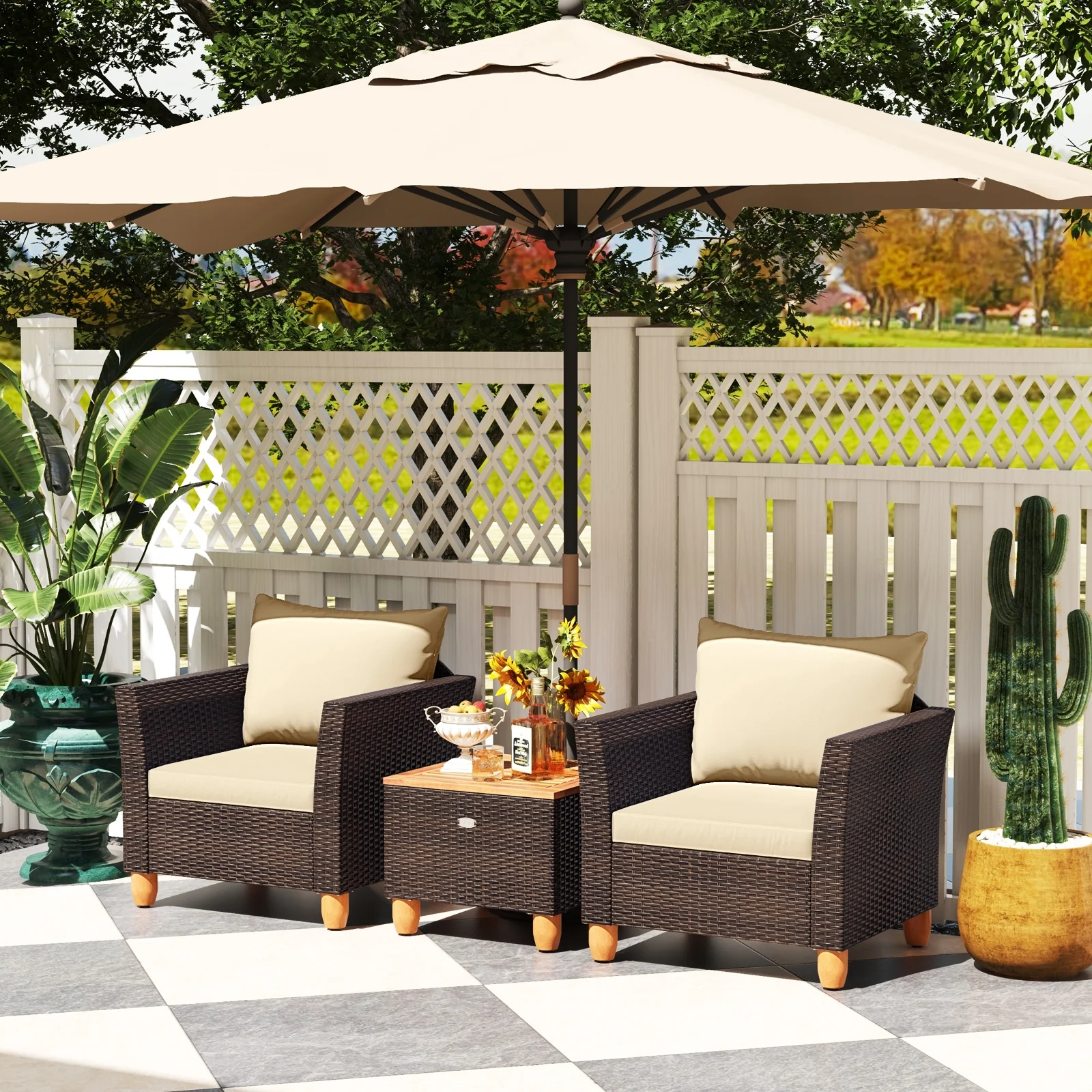 3-Piece Patio Furniture Set With Cushions, Acacia Wood Coffee Table, Beige - Image 7