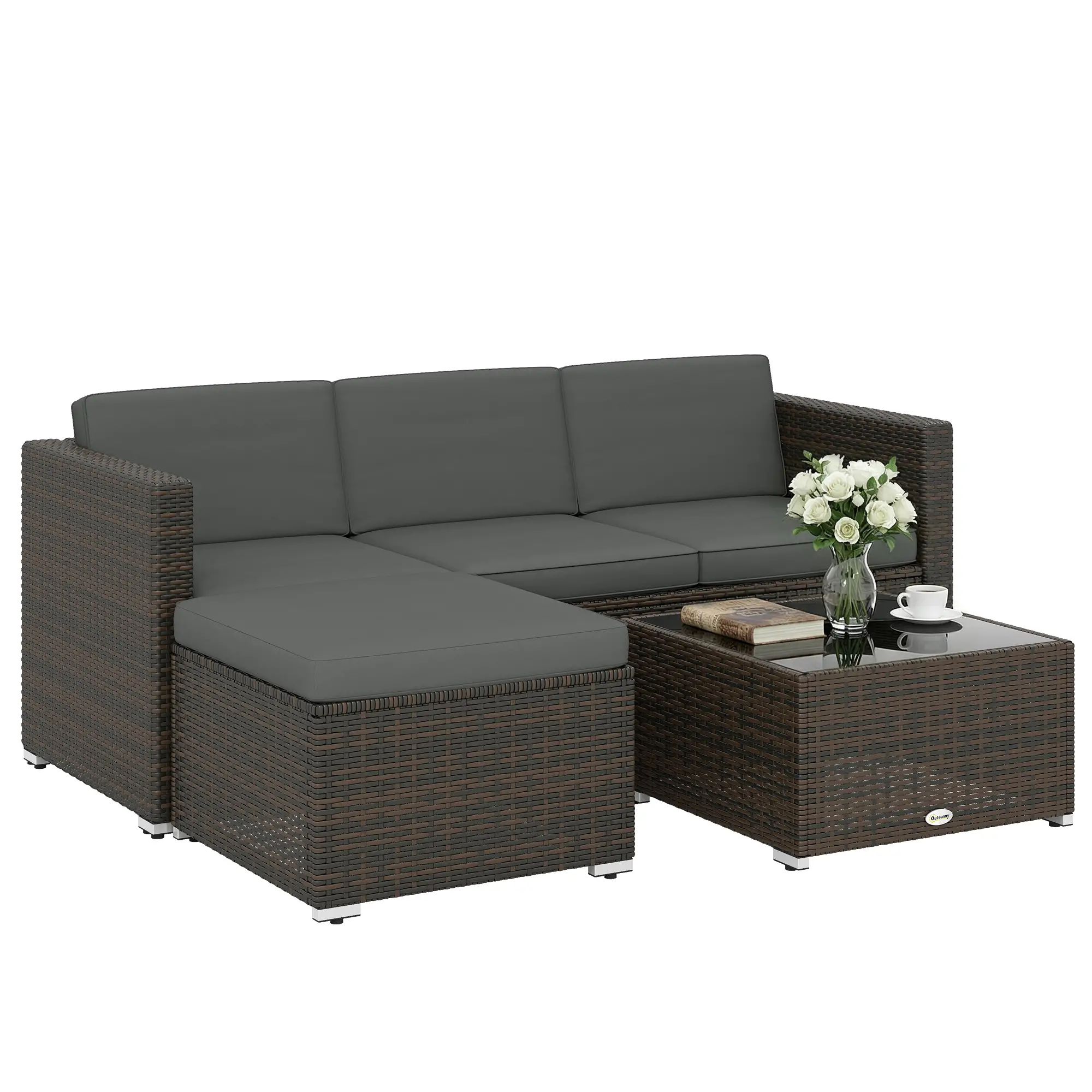 3 Piece Patio Furniture Set With Cushions, Outdoor PE Rattan Wicker, Dark Grey - Image 11