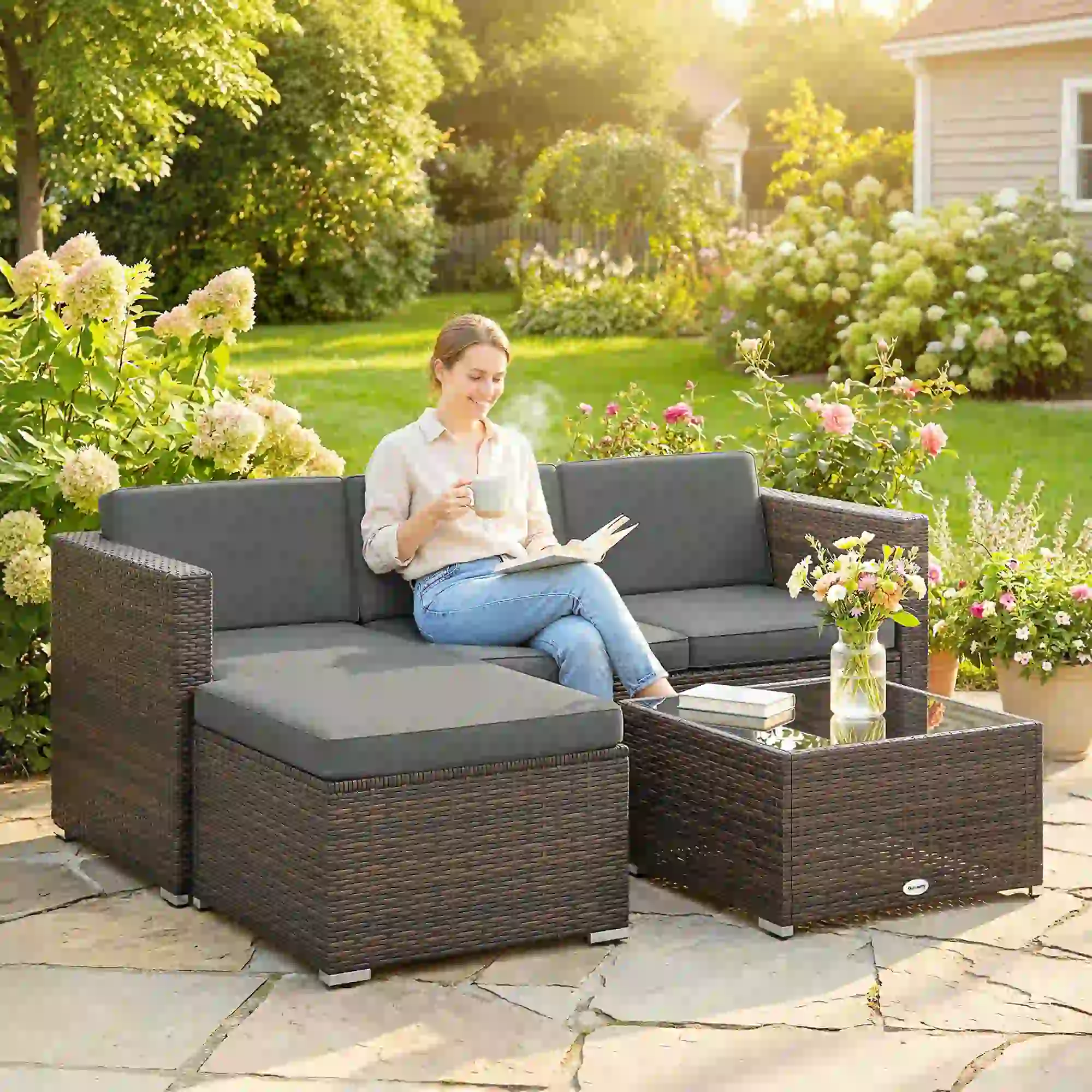 3 Piece Patio Furniture Set With Cushions, Outdoor PE Rattan Wicker, Dark Grey - Image 2