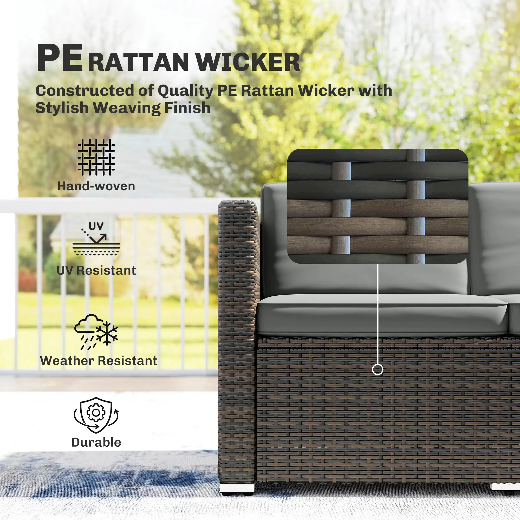 3 Piece Patio Furniture Set With Cushions, Outdoor PE Rattan Wicker, Dark Grey - Image 4