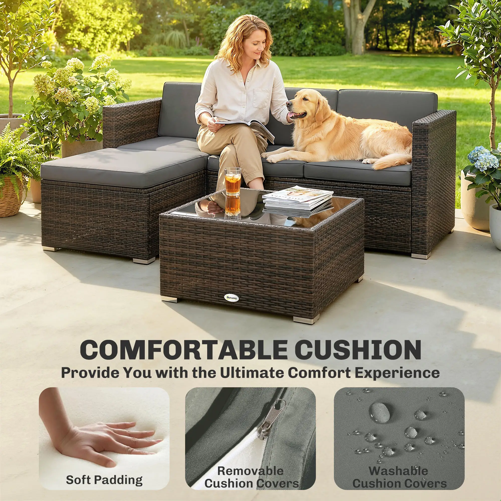 3 Piece Patio Furniture Set With Cushions, Outdoor PE Rattan Wicker, Dark Grey - Image 5