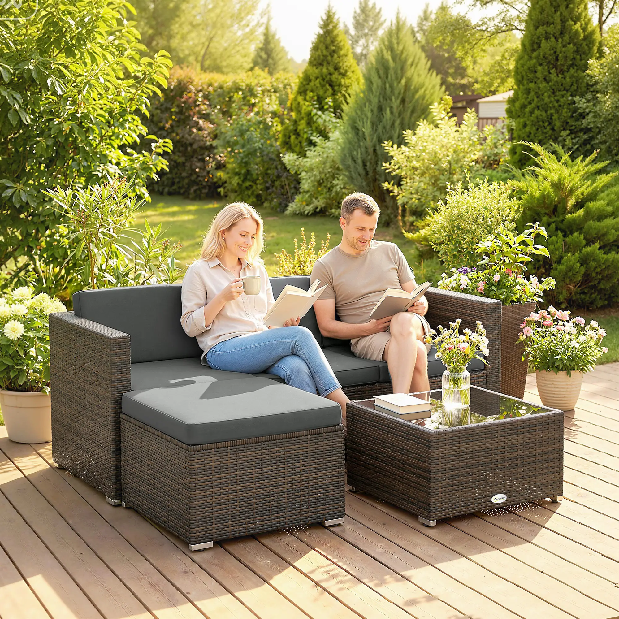 3 Piece Patio Furniture Set With Cushions, Outdoor PE Rattan Wicker, Dark Grey - Image 9
