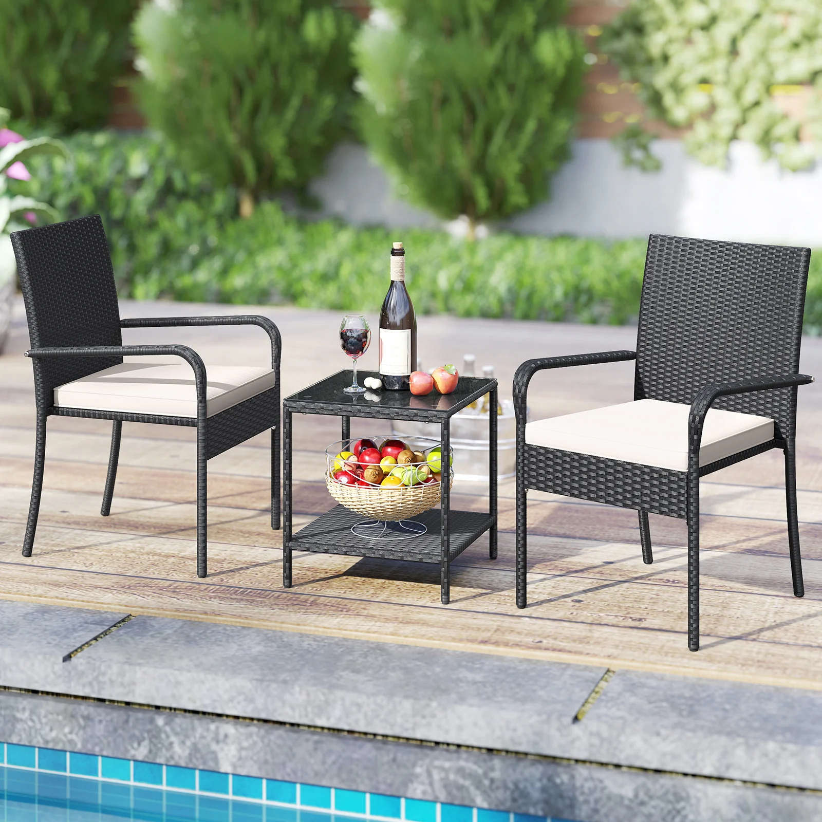 3 Piece Patio Furniture Set, With Seat Cushions And Tempered Glass, White - Image 3