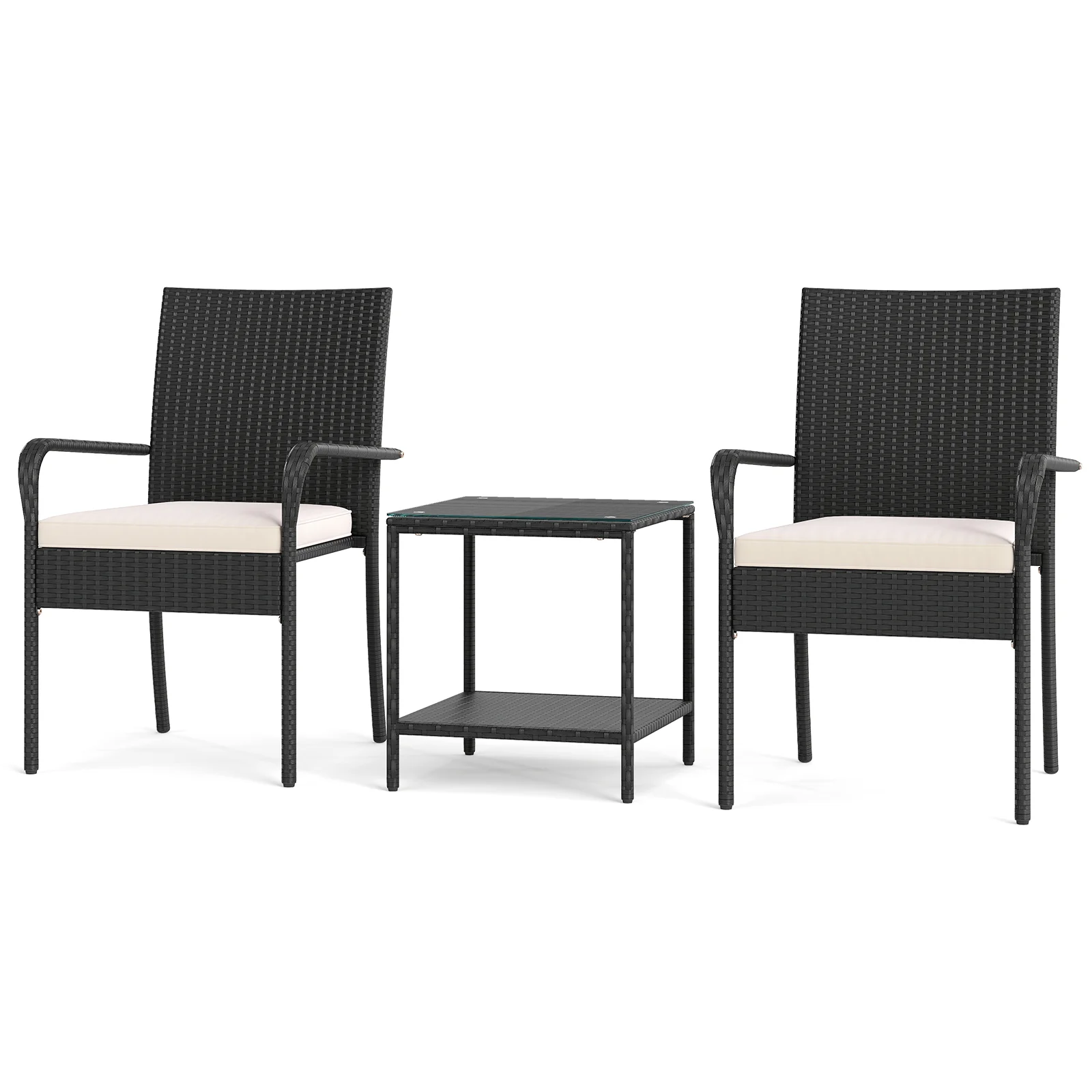 3 Piece Patio Furniture Set, With Seat Cushions And Tempered Glass, White - Image 4