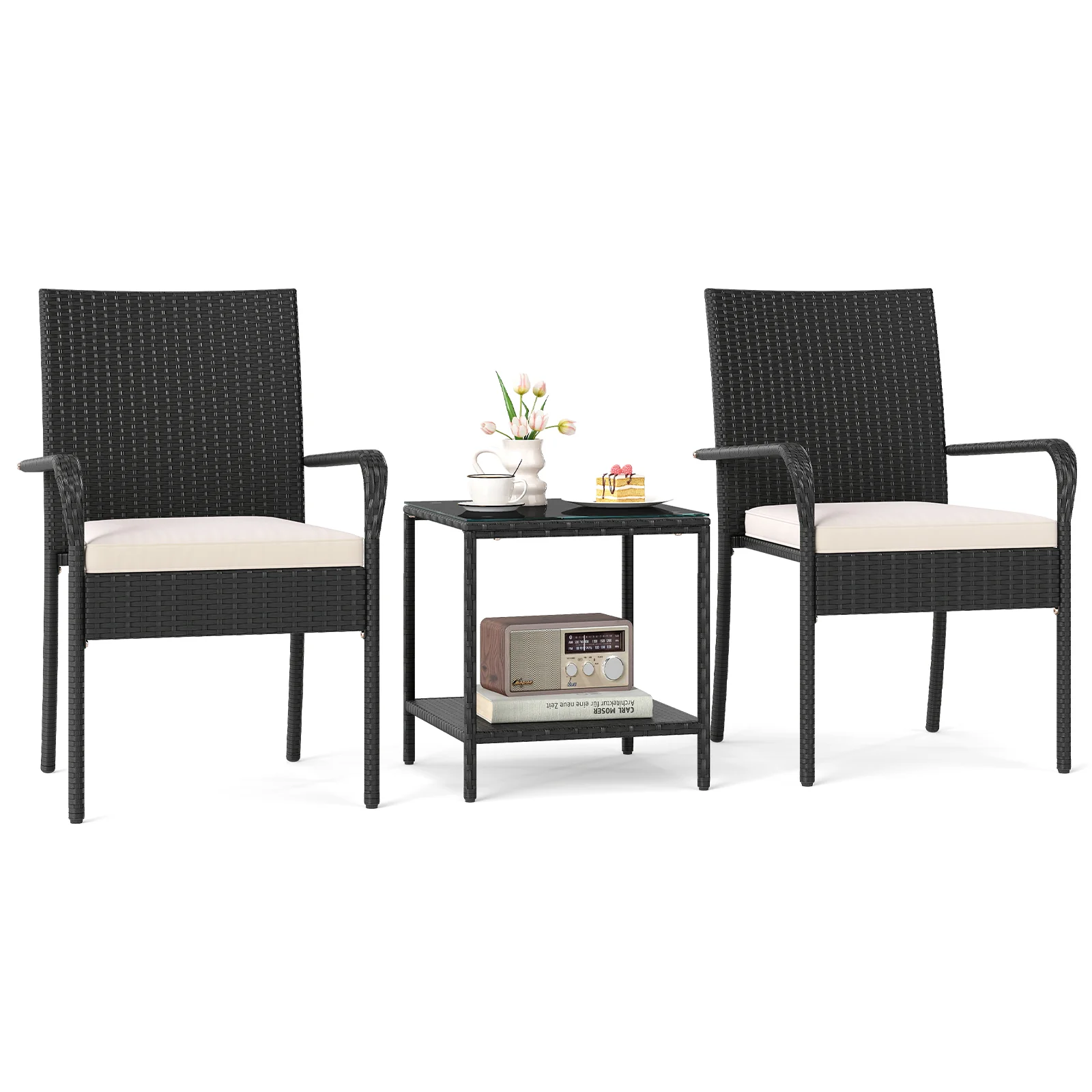3 Piece Patio Furniture Set, With Seat Cushions And Tempered Glass, White - Image 5