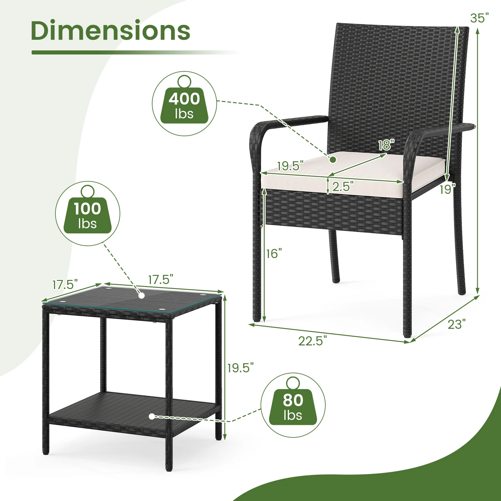 3 Piece Patio Furniture Set, With Seat Cushions And Tempered Glass, White - Image 6