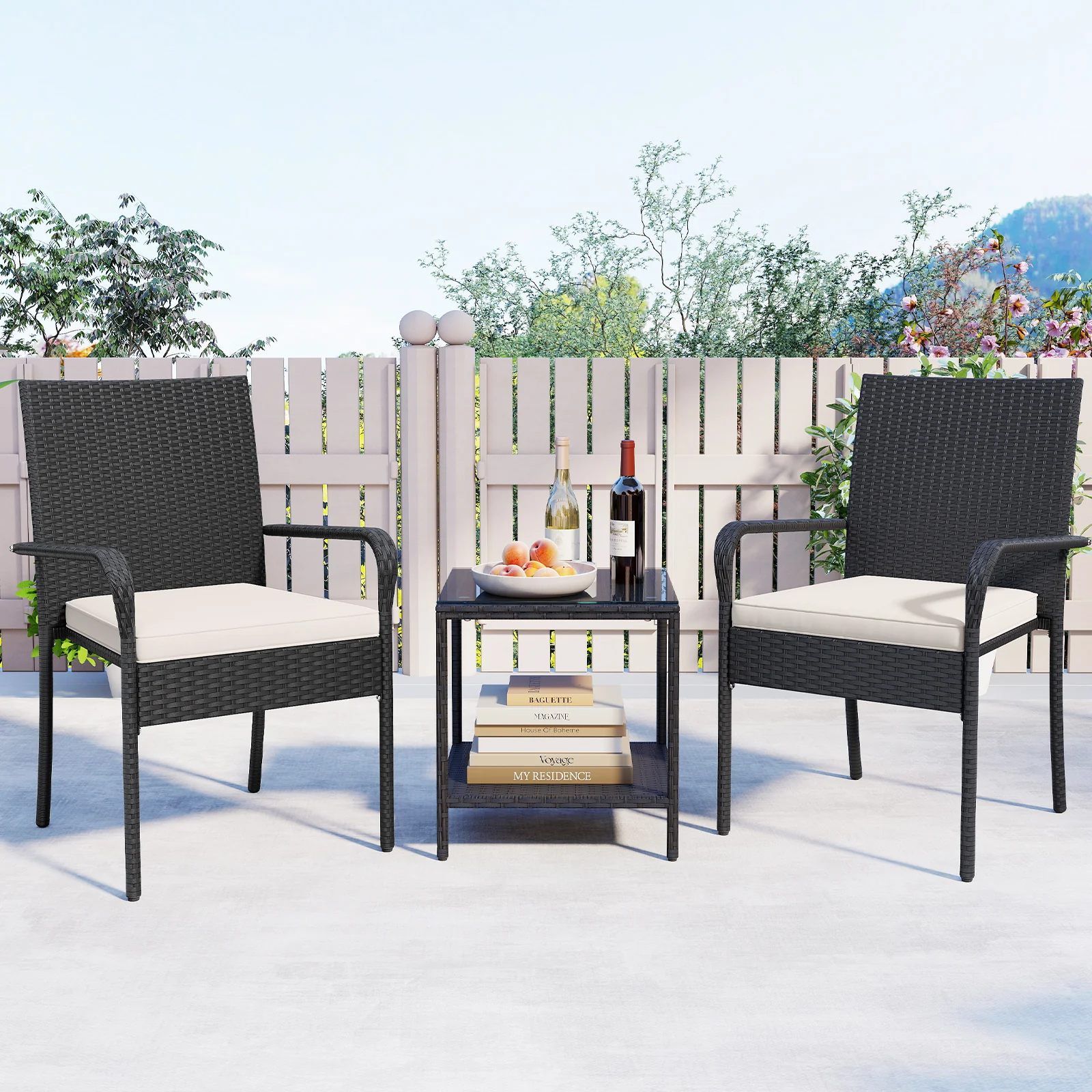 3 Piece Patio Furniture Set, With Seat Cushions And Tempered Glass, White - Image 7