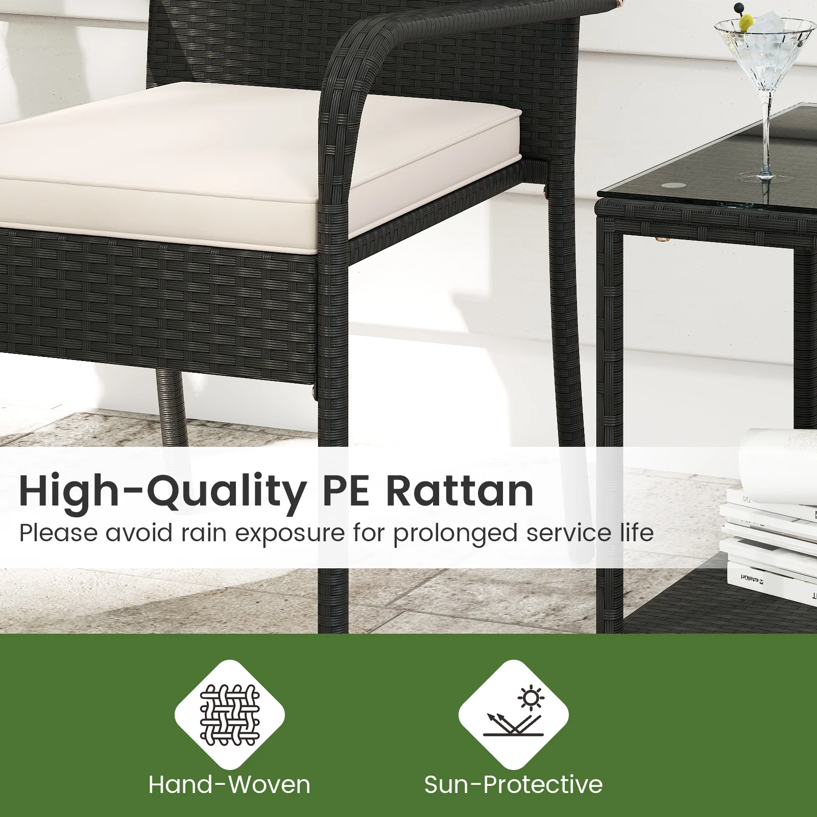 3 Piece Patio Furniture Set, With Seat Cushions And Tempered Glass, White - Image 8