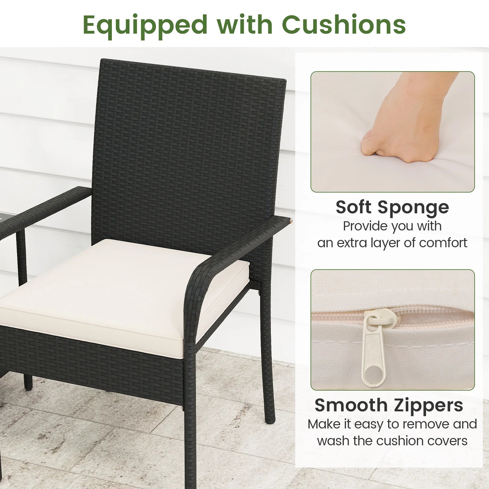 3 Piece Patio Furniture Set, With Seat Cushions And Tempered Glass, White - Image 9