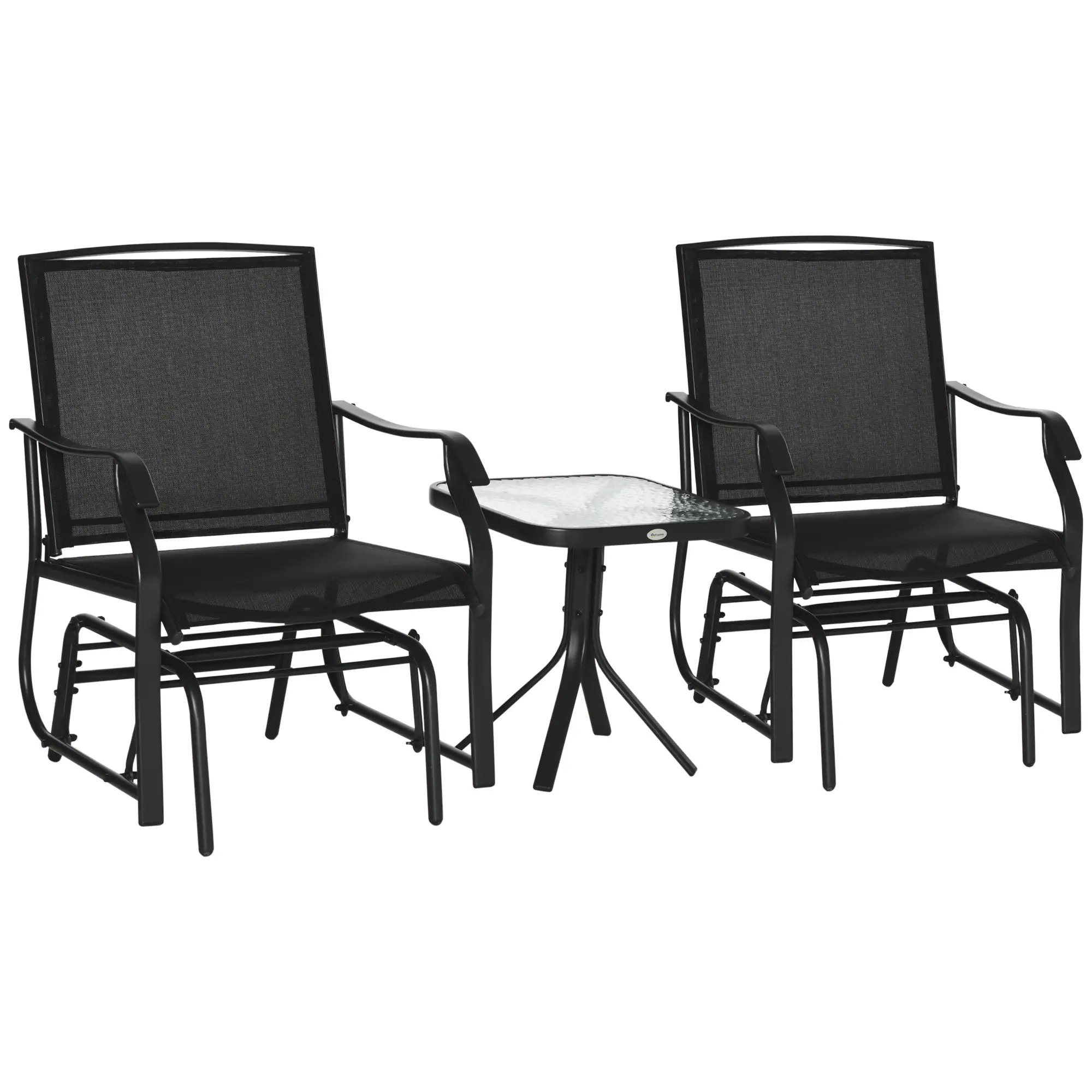 3 Piece Patio Glider Set, Breathable Mesh Seat, Glass Top Table, Black