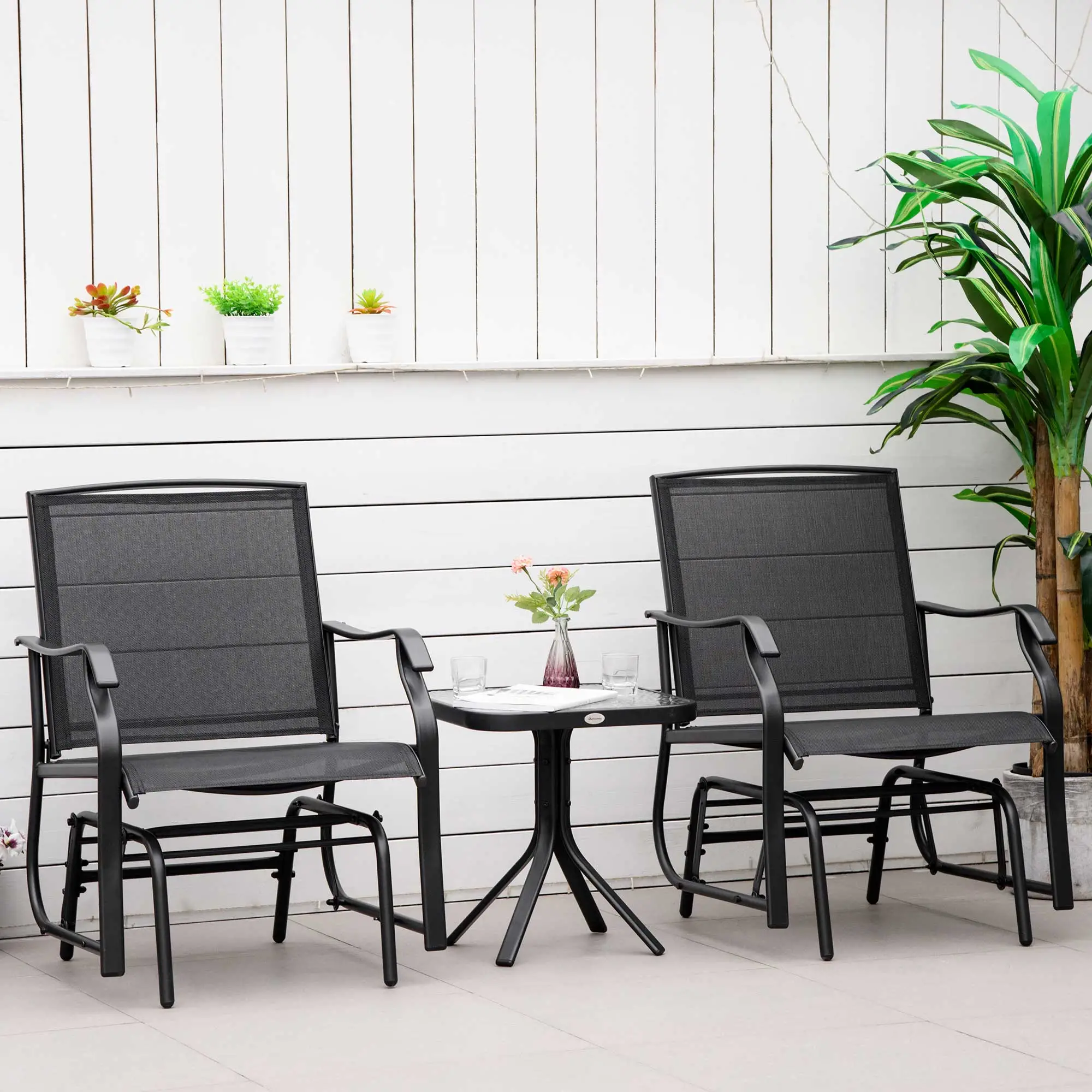 3 Piece Patio Glider Set, Breathable Mesh Seat, Glass Top Table, Black - Image 2