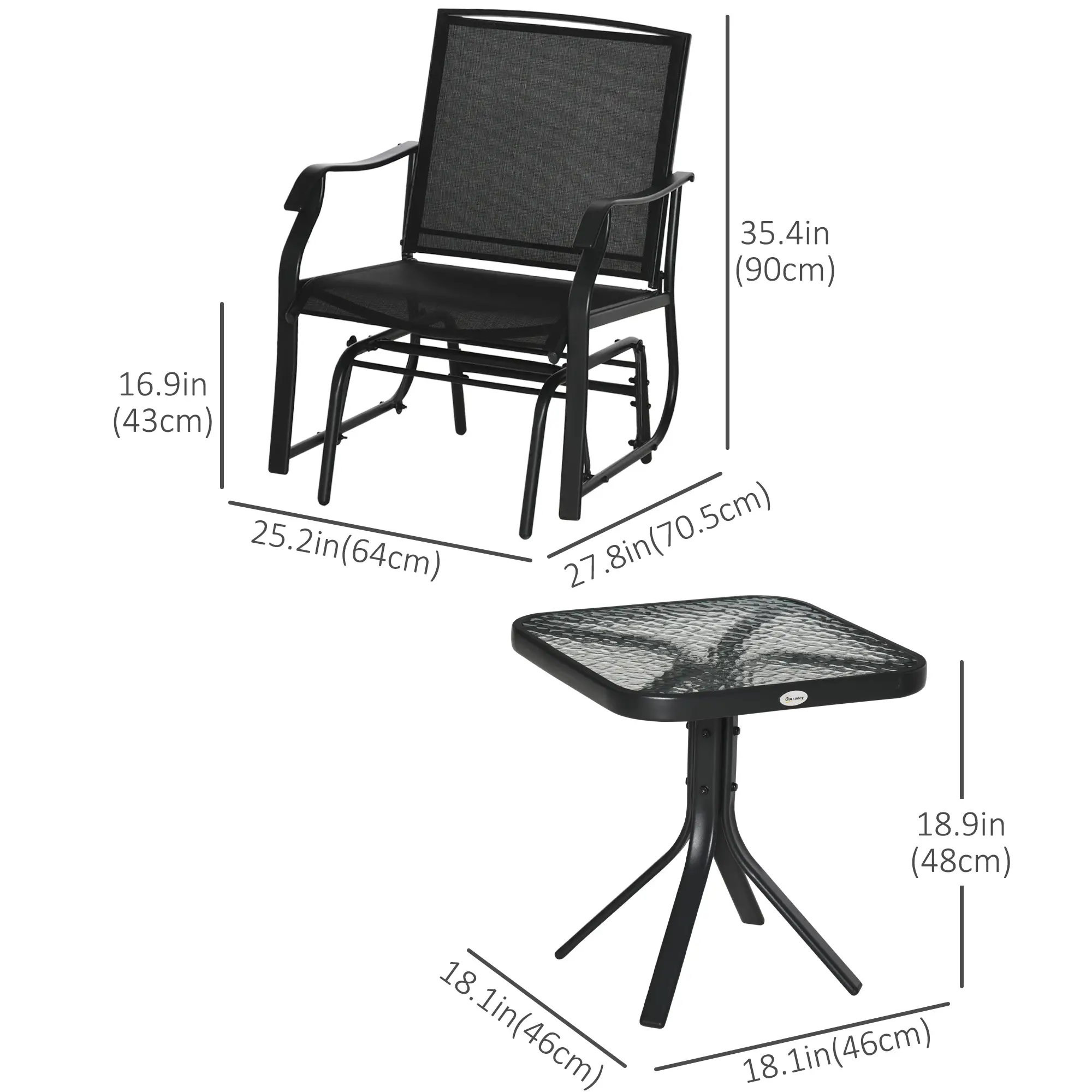 3 Piece Patio Glider Set, Breathable Mesh Seat, Glass Top Table, Black - Image 3