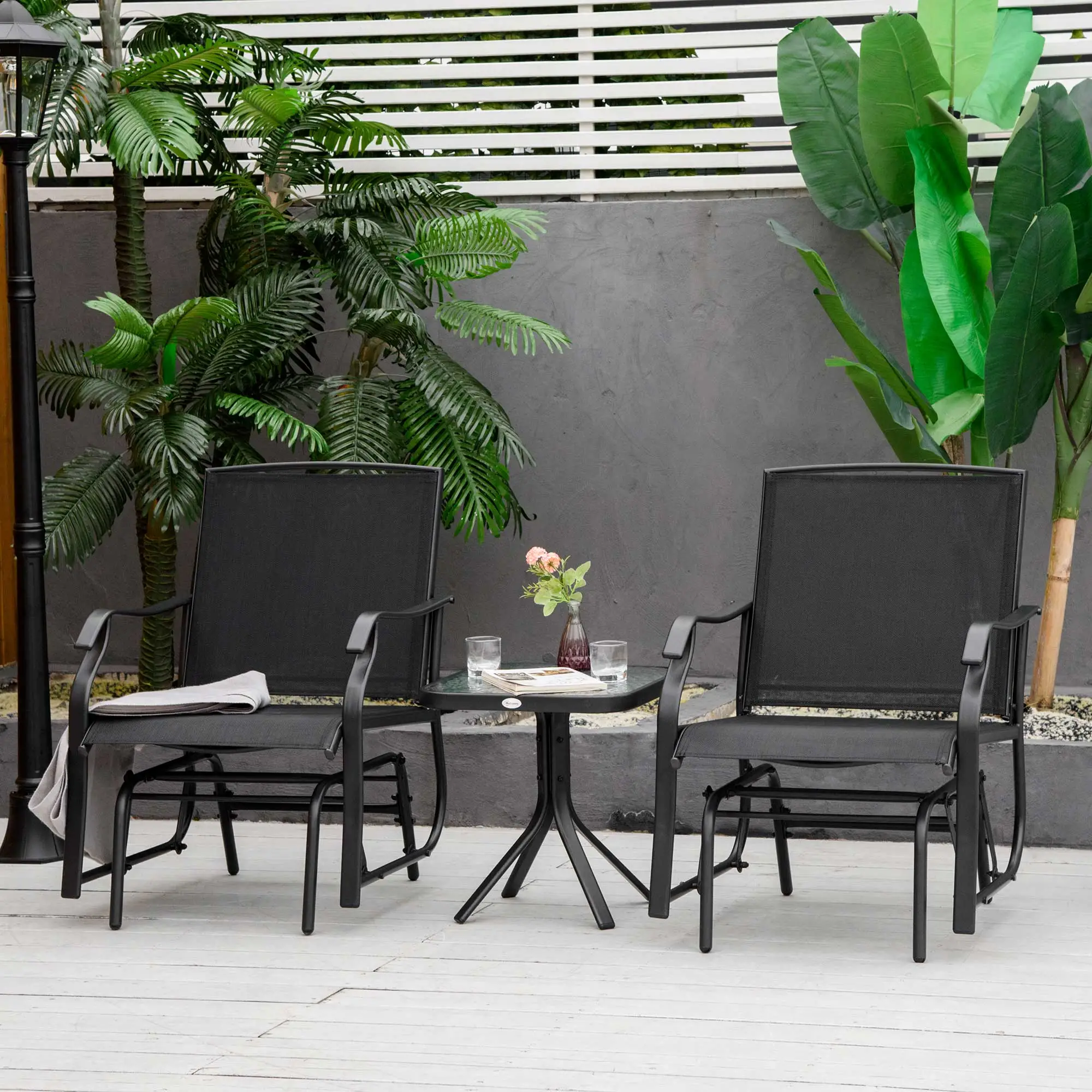 3 Piece Patio Glider Set, Breathable Mesh Seat, Glass Top Table, Black - Image 8