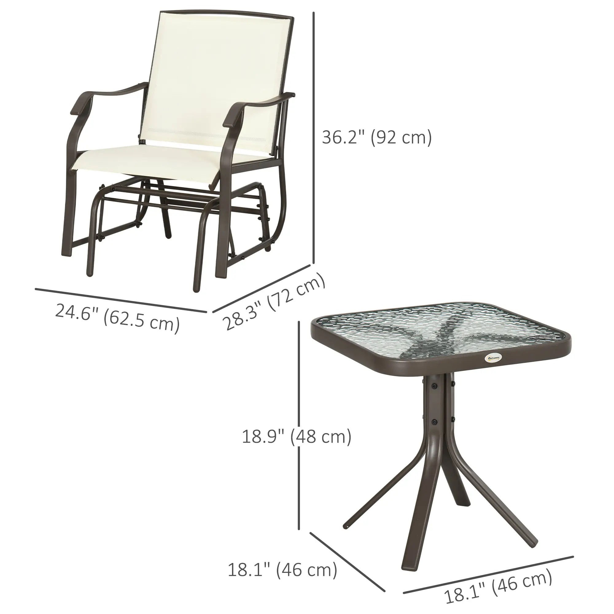 3 Piece Patio Glider Set, Breathable Mesh Seat, Glass Top Table, Cream White - Image 3