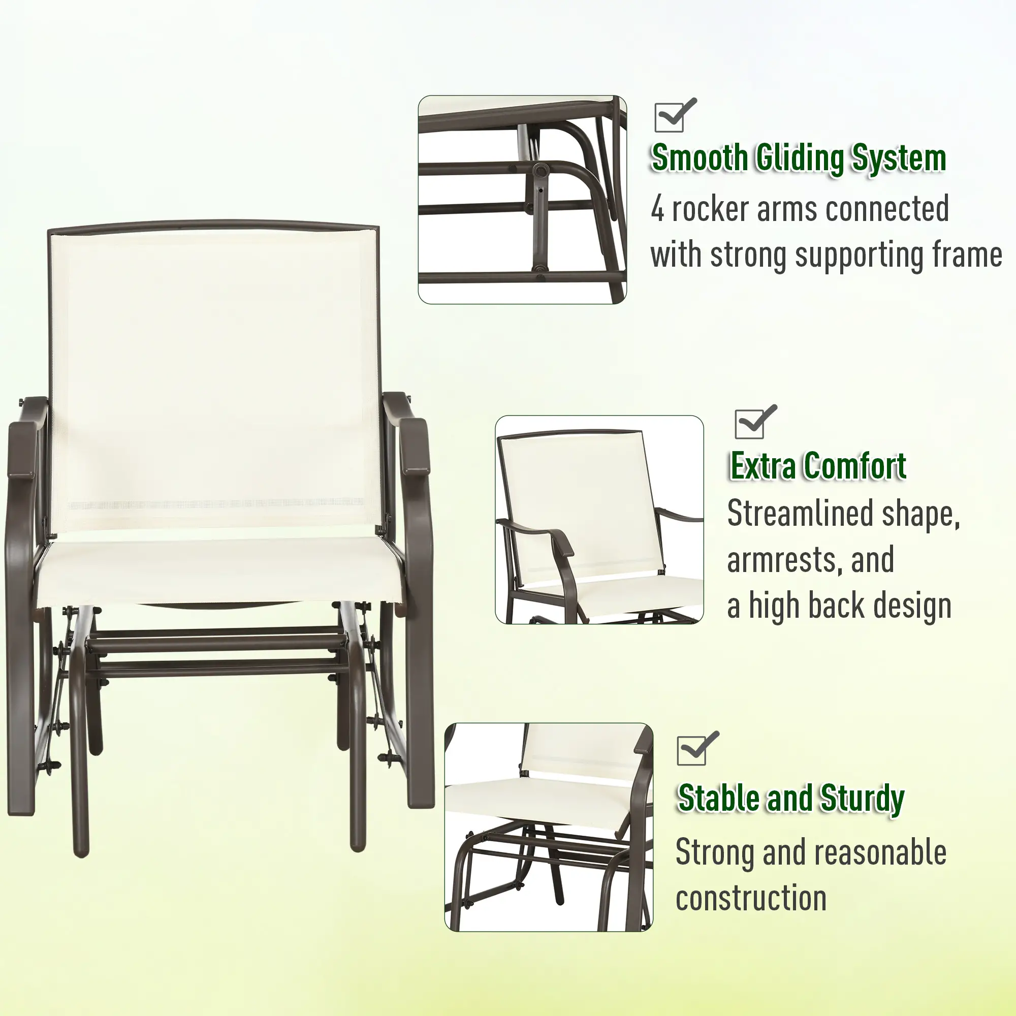 3 Piece Patio Glider Set, Breathable Mesh Seat, Glass Top Table, Cream White - Image 5
