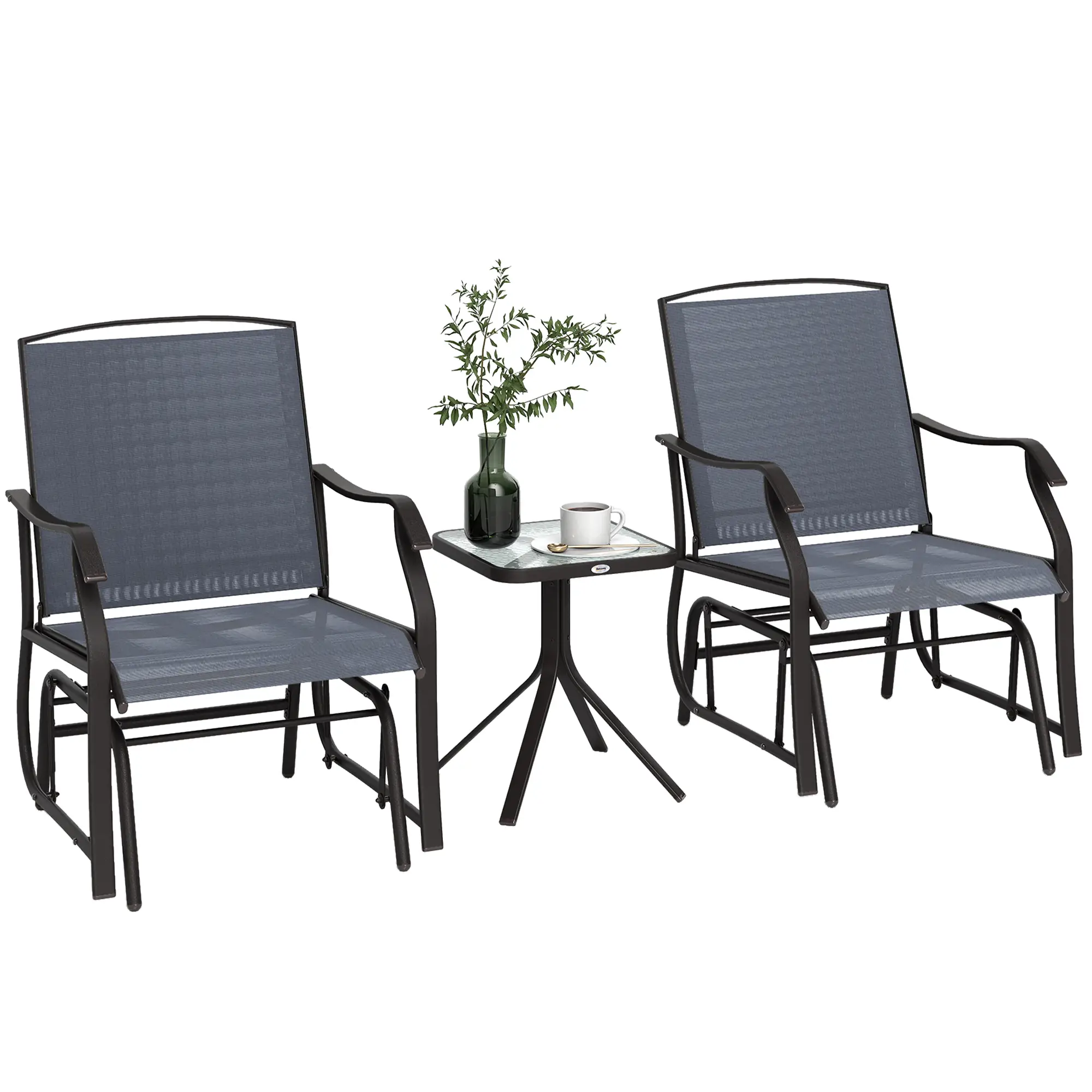 3 Piece Patio Glider Set, Breathable Mesh Seat, Glass Top Table, Grey