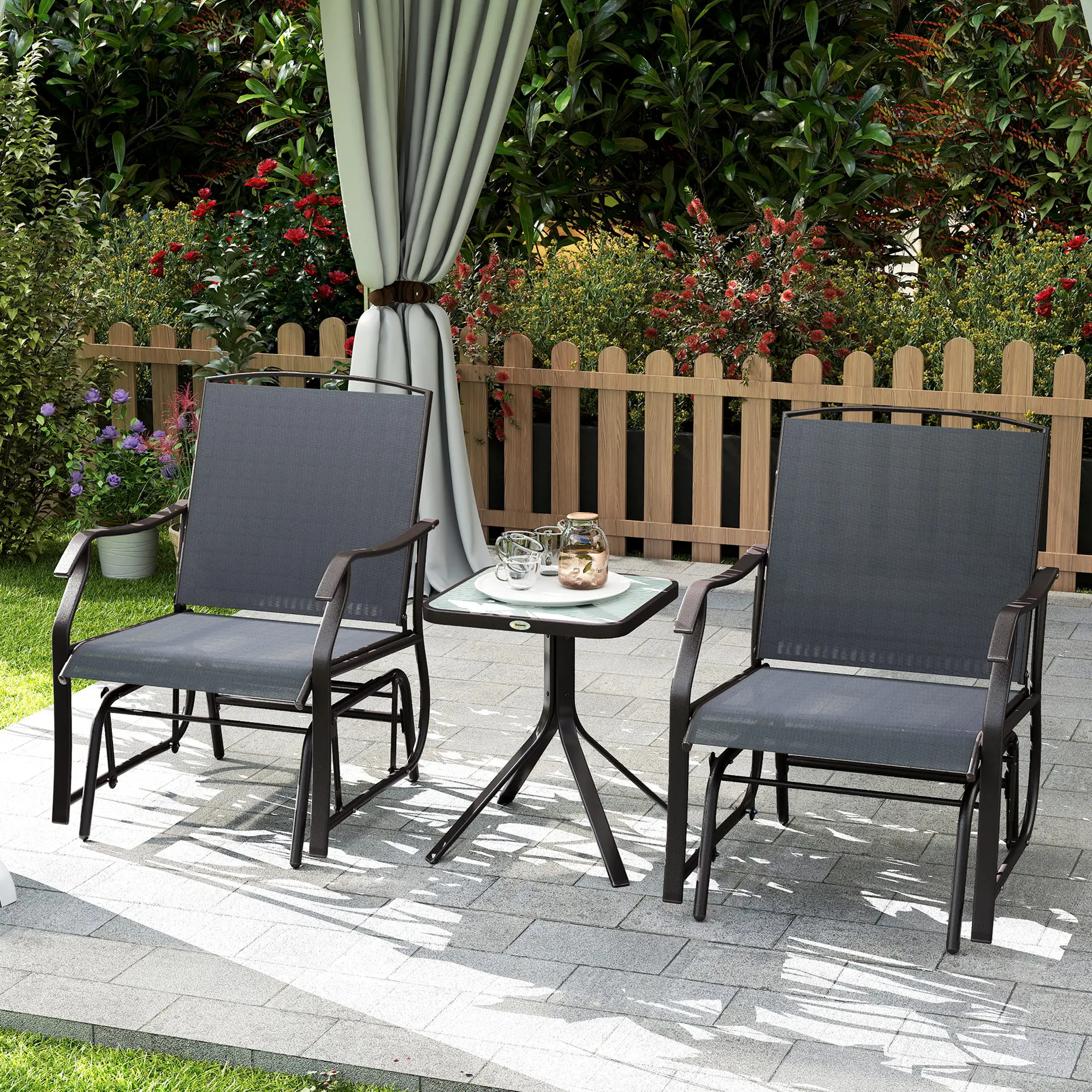 3 Piece Patio Glider Set, Breathable Mesh Seat, Glass Top Table, Grey - Image 8